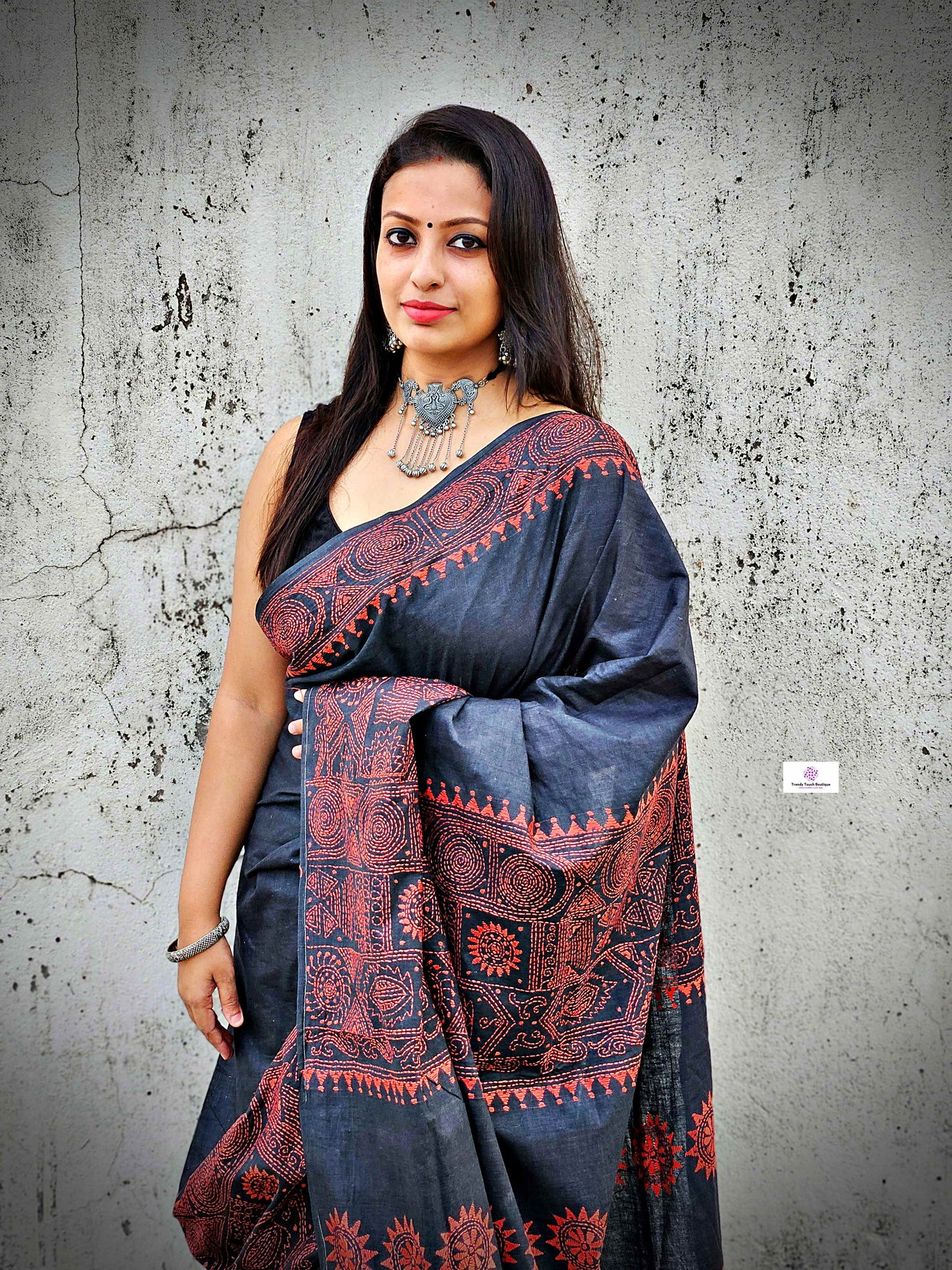 Cotton handloom black saree with orange thread kantha hand embroidered best summer fabric for formal and casual styling marriage functions and family events with blouse piece best price