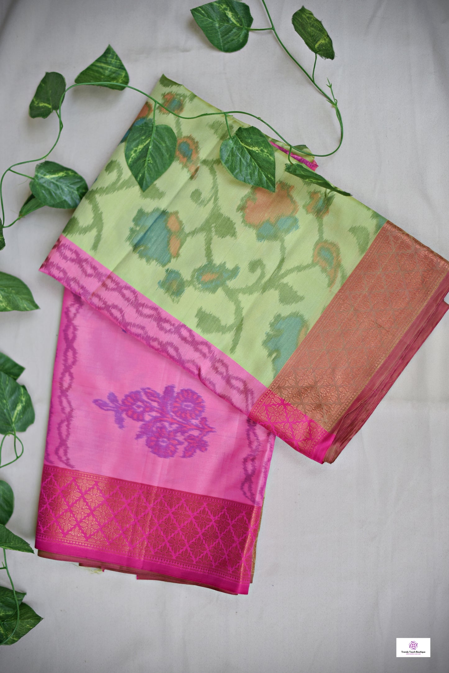 ikkat style digital print soft silk saree green pink for haldi sangeet marriage bridal function puja and special ocassion with blouse piece best price