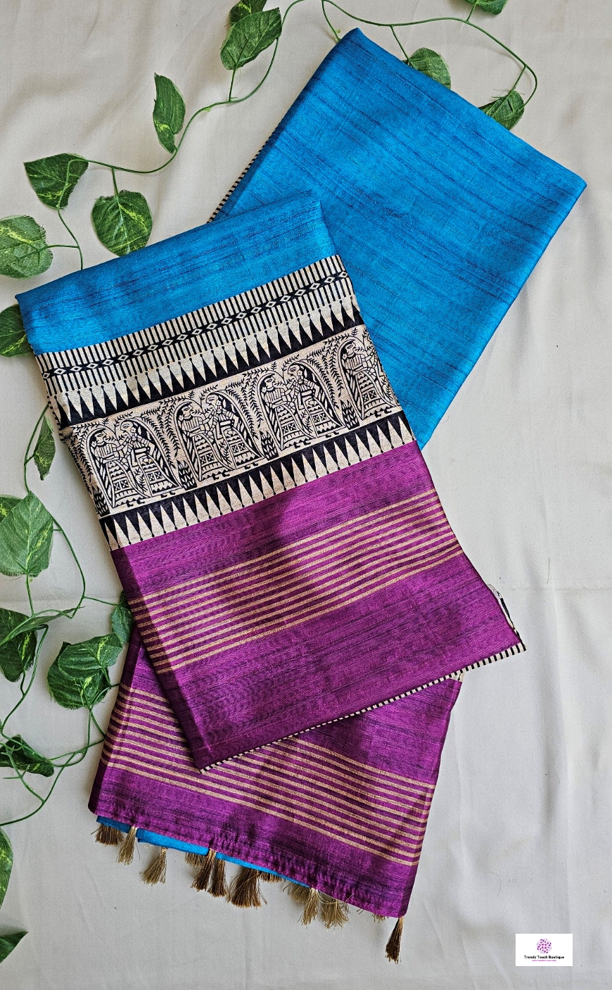 semi tussar silk madhubani and bisnupuri digital print blue and violet saree for regular wear and casual function office for women with blouse piece and best price