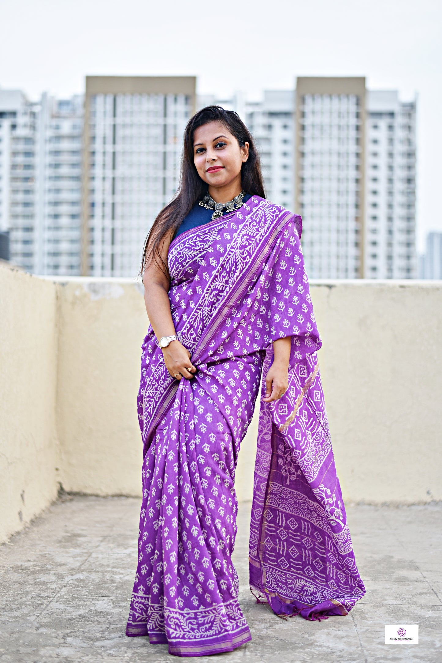 violet chanderi silk saree with zari border handblock print summer fabric best price with blouse piece office wear and casual styling party wear saree