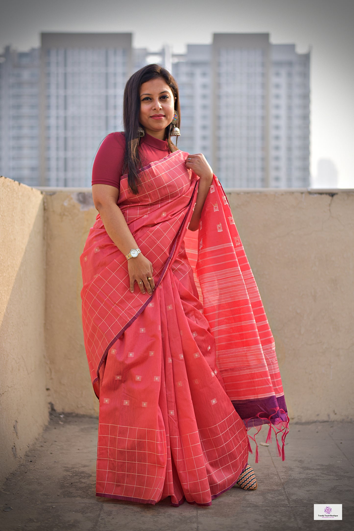 peach magenta silk cotton office wear formal wear sarees check pattern with blouse piece contrast best price online handloom