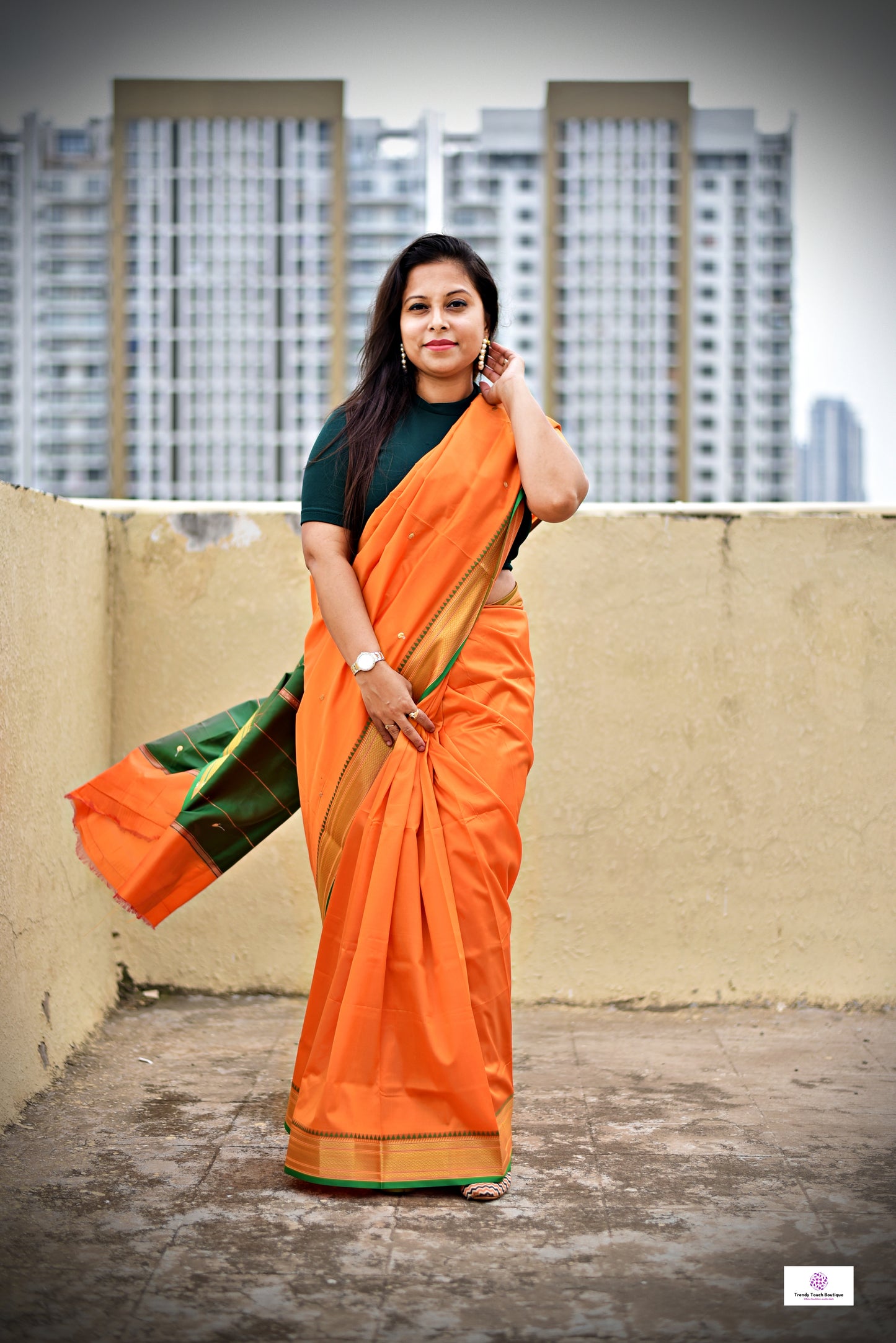 orange green katan silk saree lightweight soft for office and festive wear with blouse piece and best price