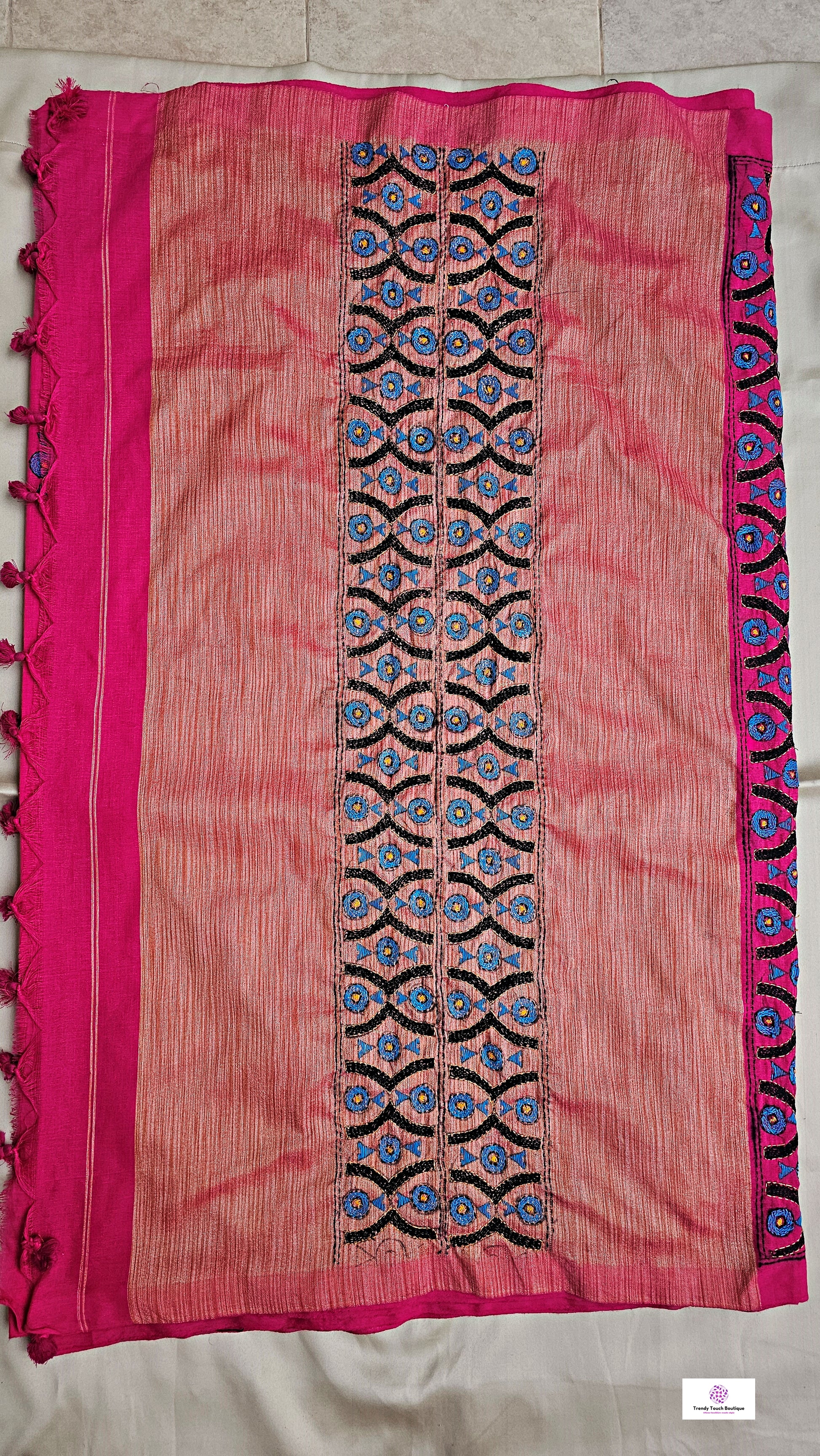 Kantha handembroidered designer cotton handloom saree pink with blue black thread office wear and casual outing special events with blouse piece best price