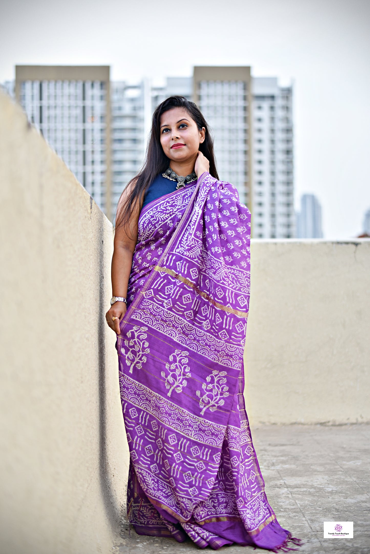violet chanderi silk saree with zari border handblock print summer fabric best price with blouse piece office wear and casual styling party wear saree