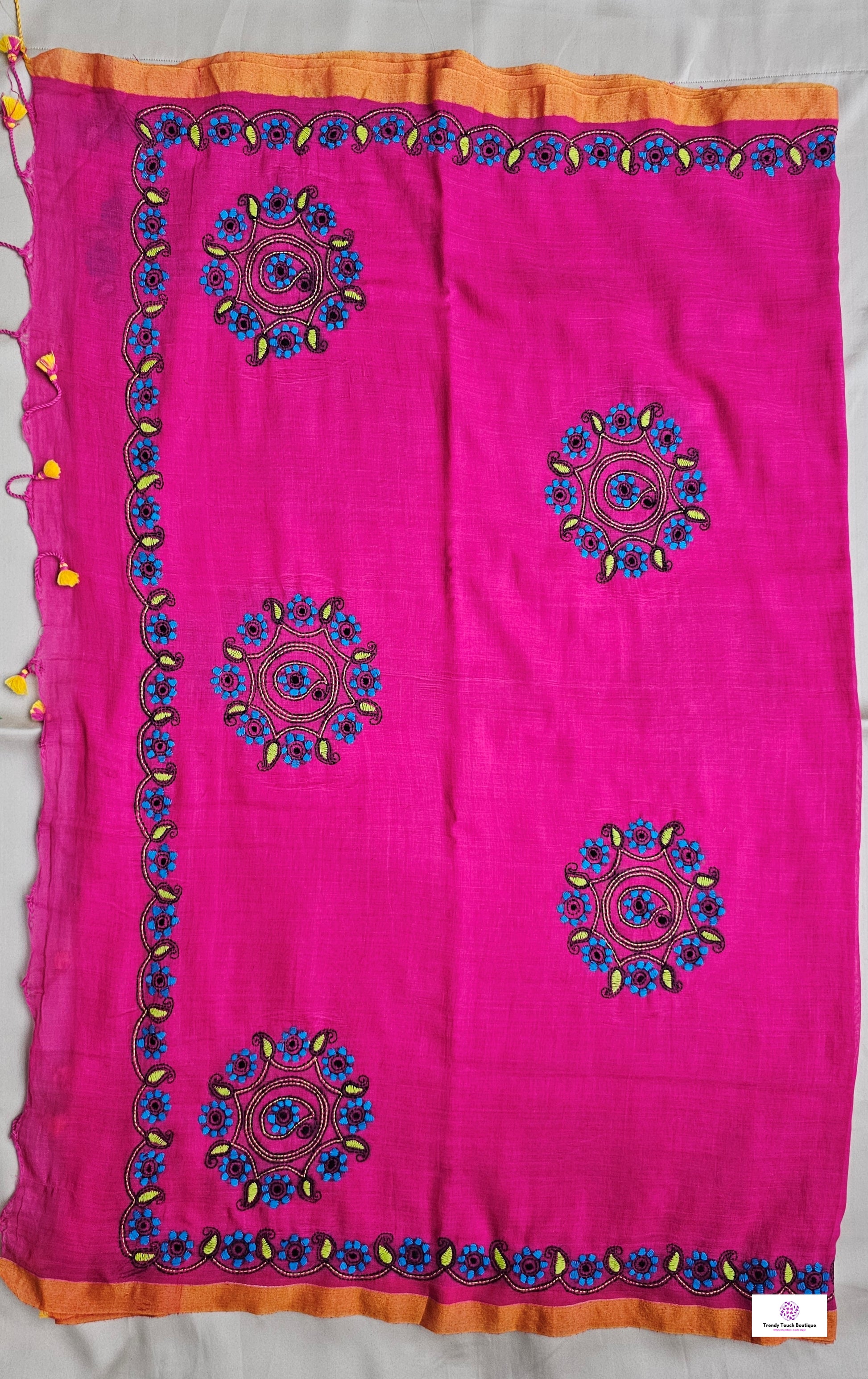 kantha handembroidered pink mulcotton saree with yellow tassel for office wear and casual outing wedding and special functions with blouse piece best price