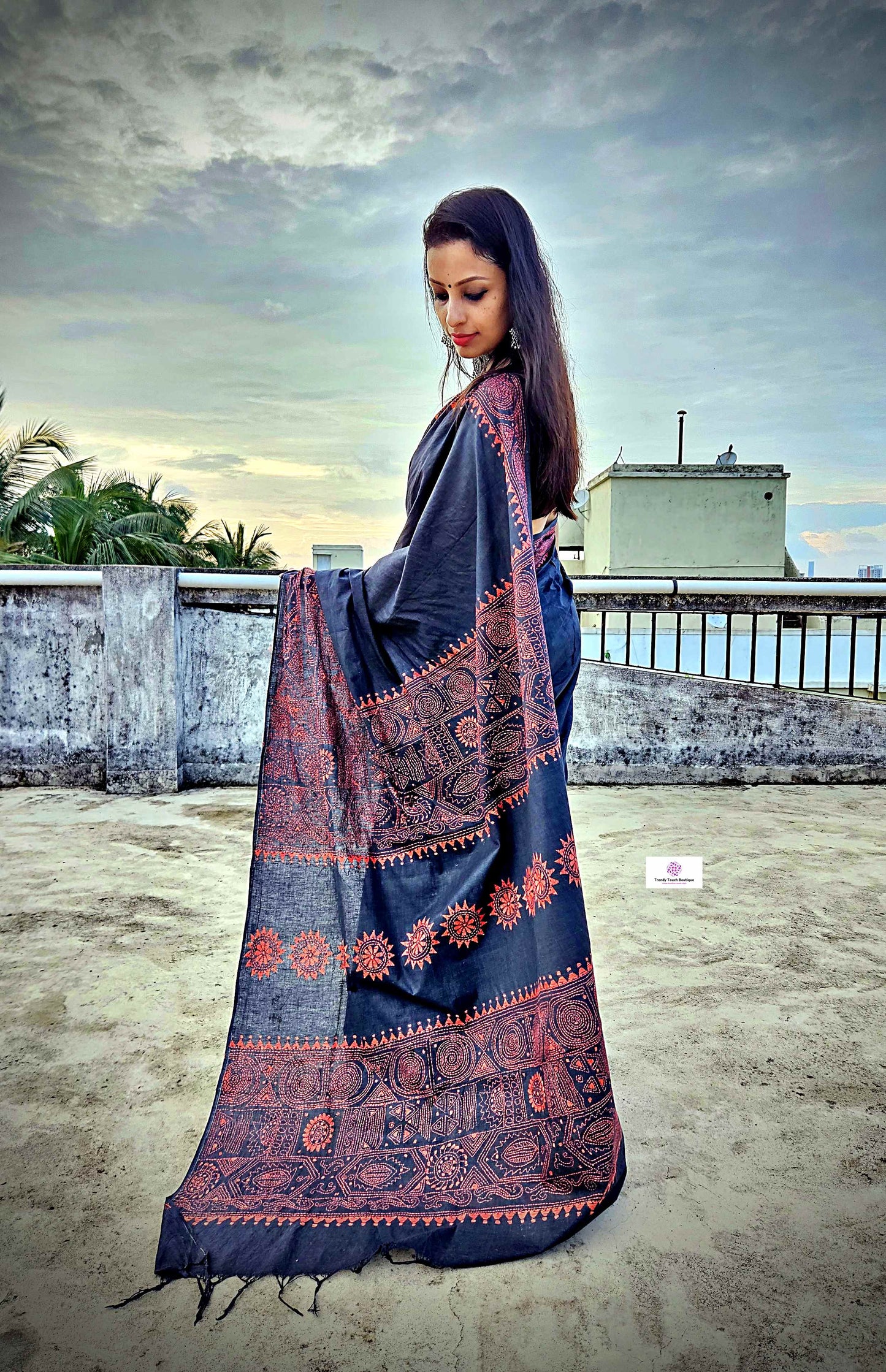 Cotton handloom black saree with orange thread kantha hand embroidered best summer fabric for formal and casual styling marriage functions and family events with blouse piece best price