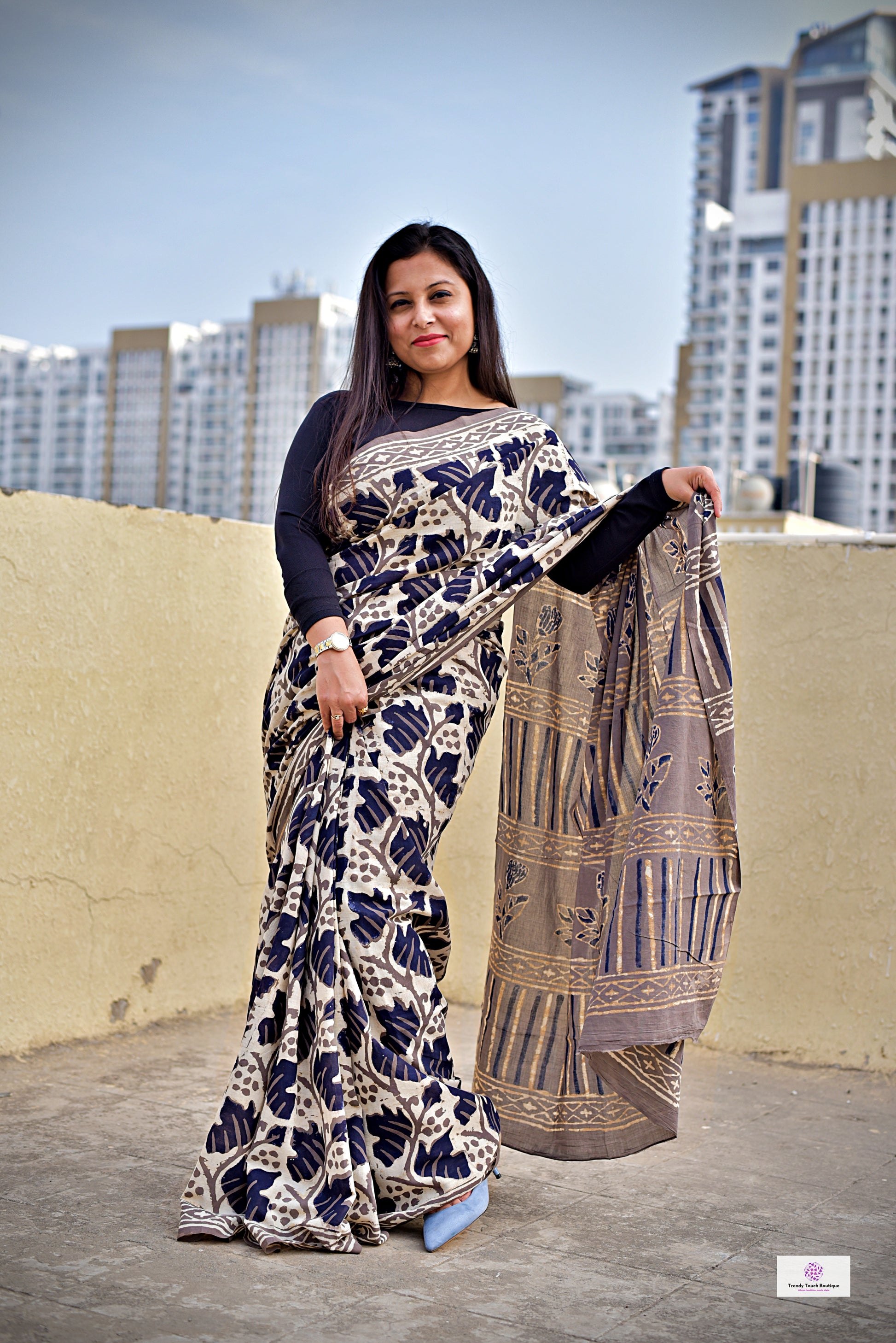 Black & Ash Grey Floral pattern Organic Handblock print in natural dye mul cotton saree office and casual styling best price best summer fabric with blouse piece
