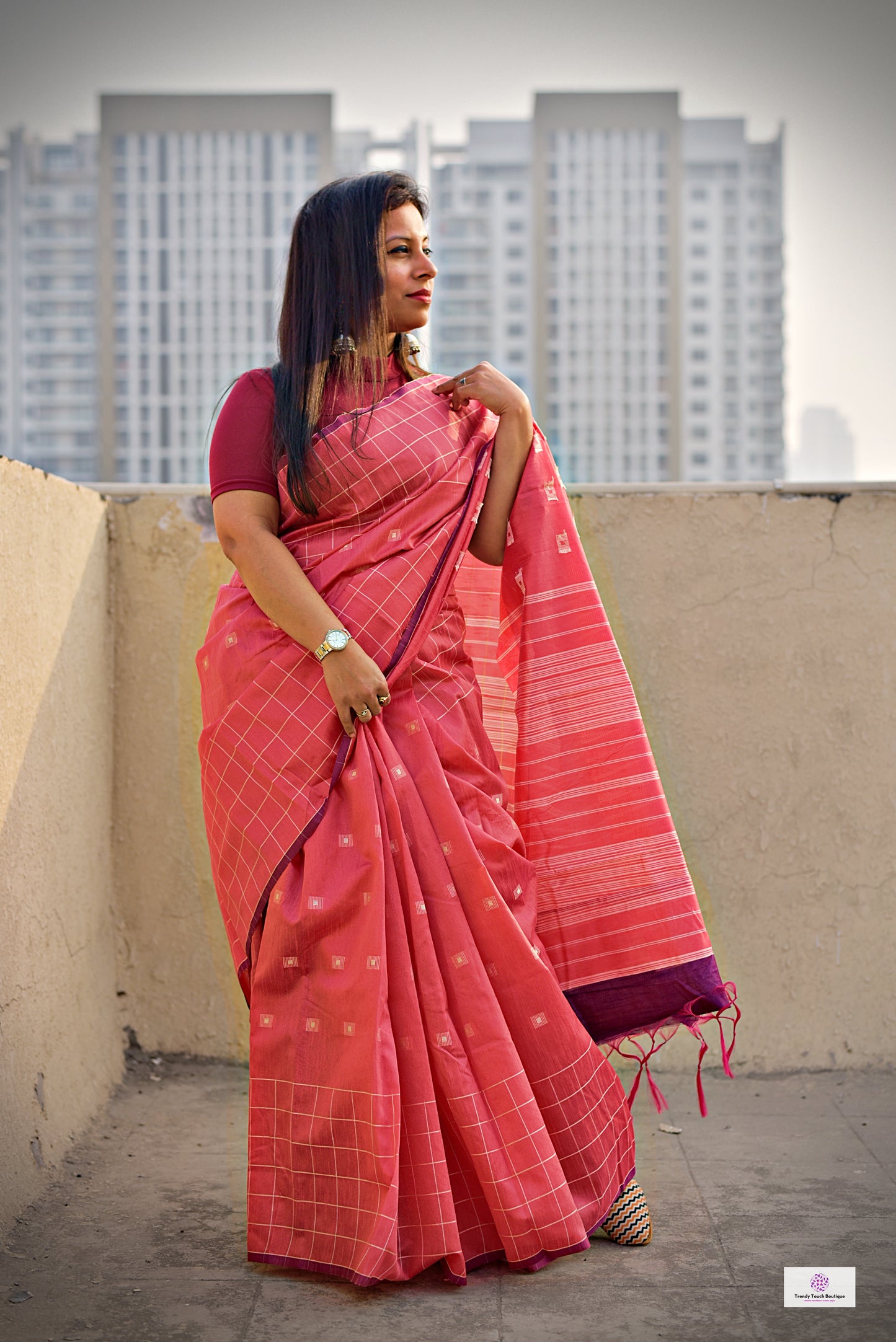 peach magenta silk cotton office wear formal wear sarees check pattern with blouse piece contrast best price online handloom