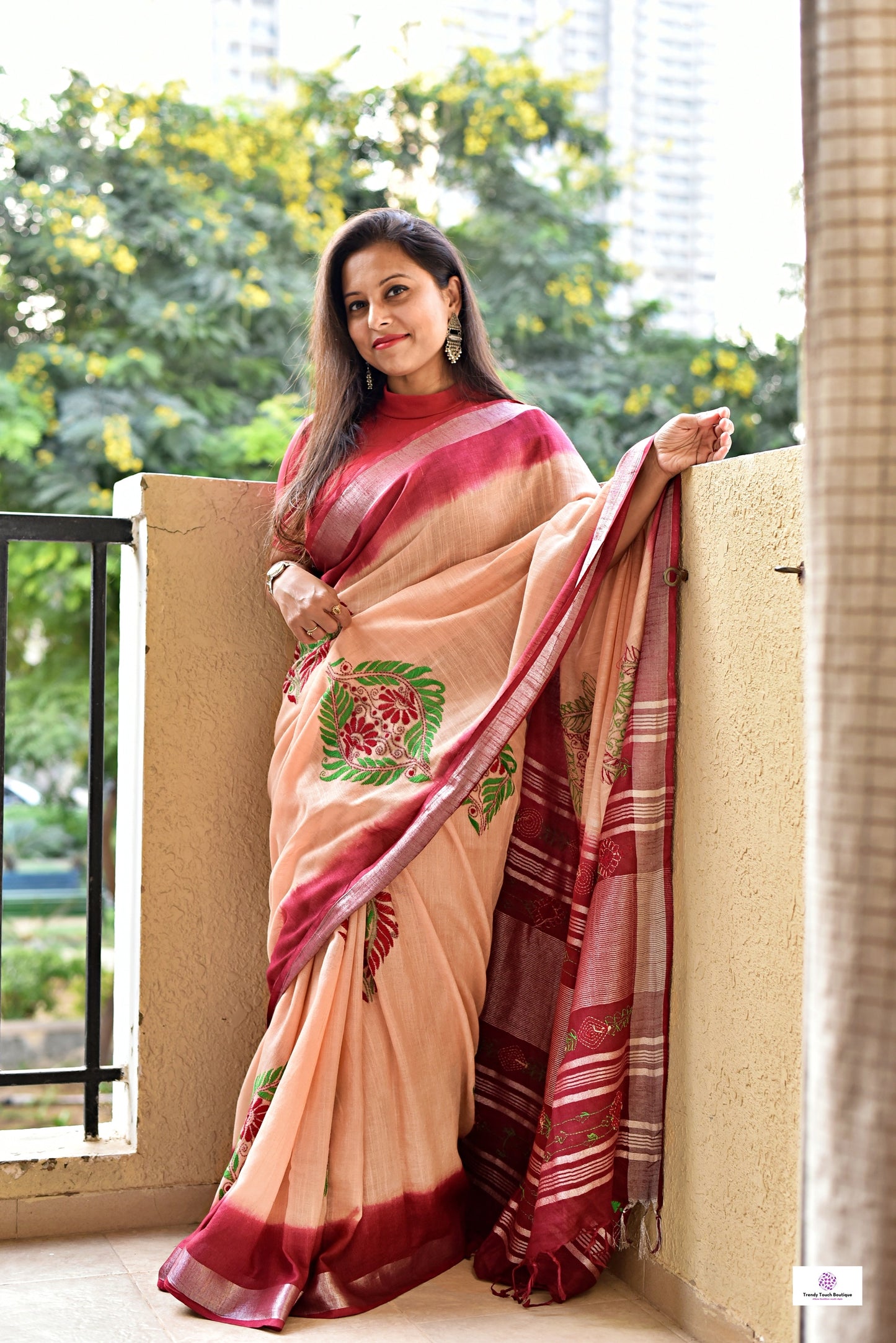 kantha handembroidered linen saree with maroon and beige tye and dye office wear or casual outing special events with blouse piece best price