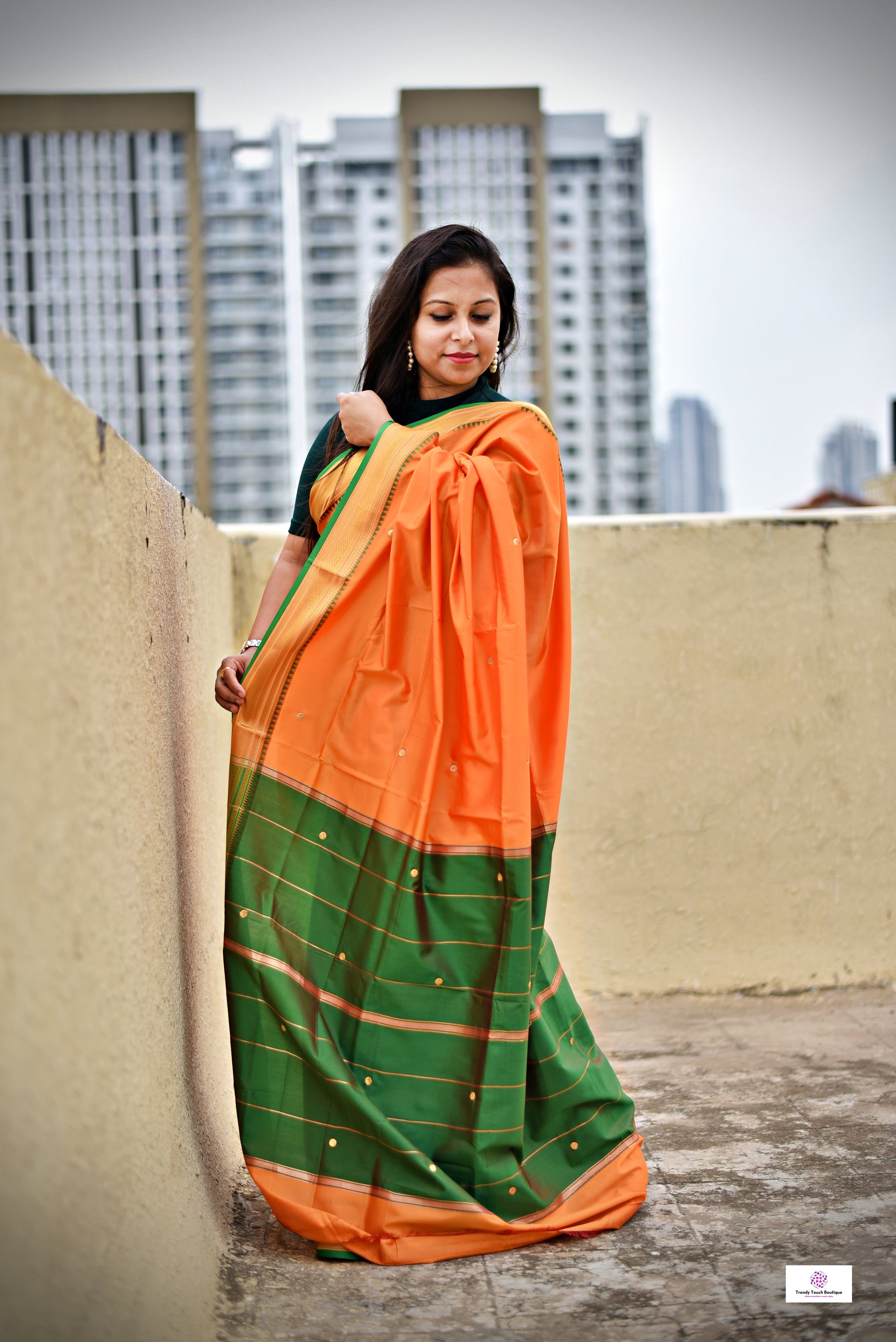 orange green katan silk saree lightweight soft for office and festive wear with blouse piece and best price