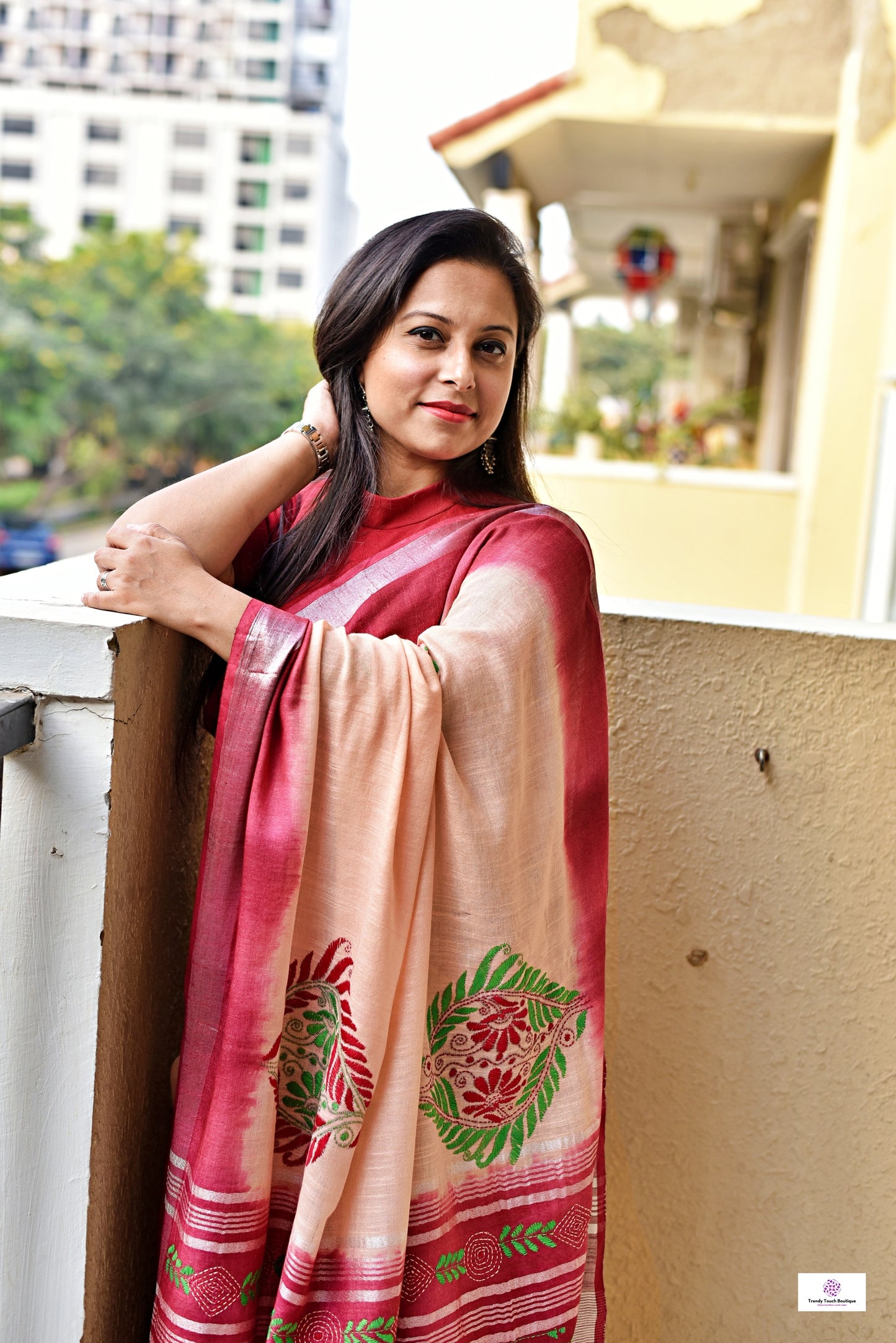 kantha handembroidered linen saree with maroon and beige tye and dye office wear or casual outing special events with blouse piece best price