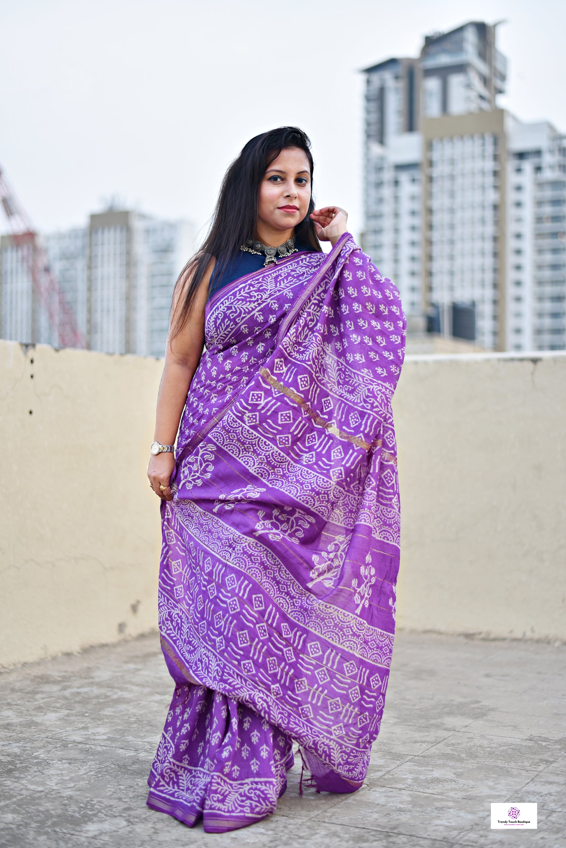violet chanderi silk saree with zari border handblock print summer fabric best price with blouse piece office wear and casual styling party wear saree