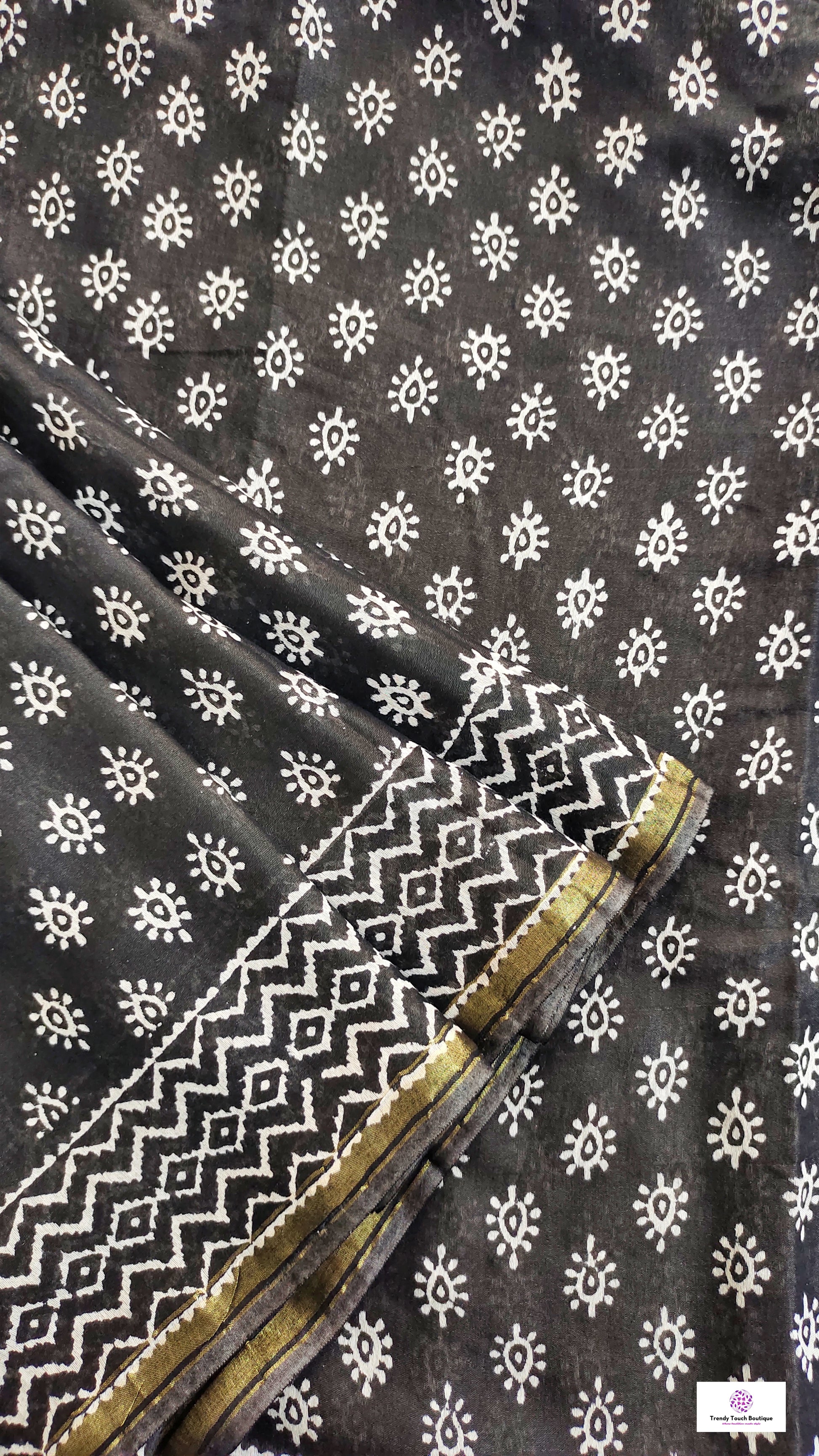 black chanderi silk saree with zari border handblock print summer fabric best price with blouse piece office wear and casual styling party wear saree