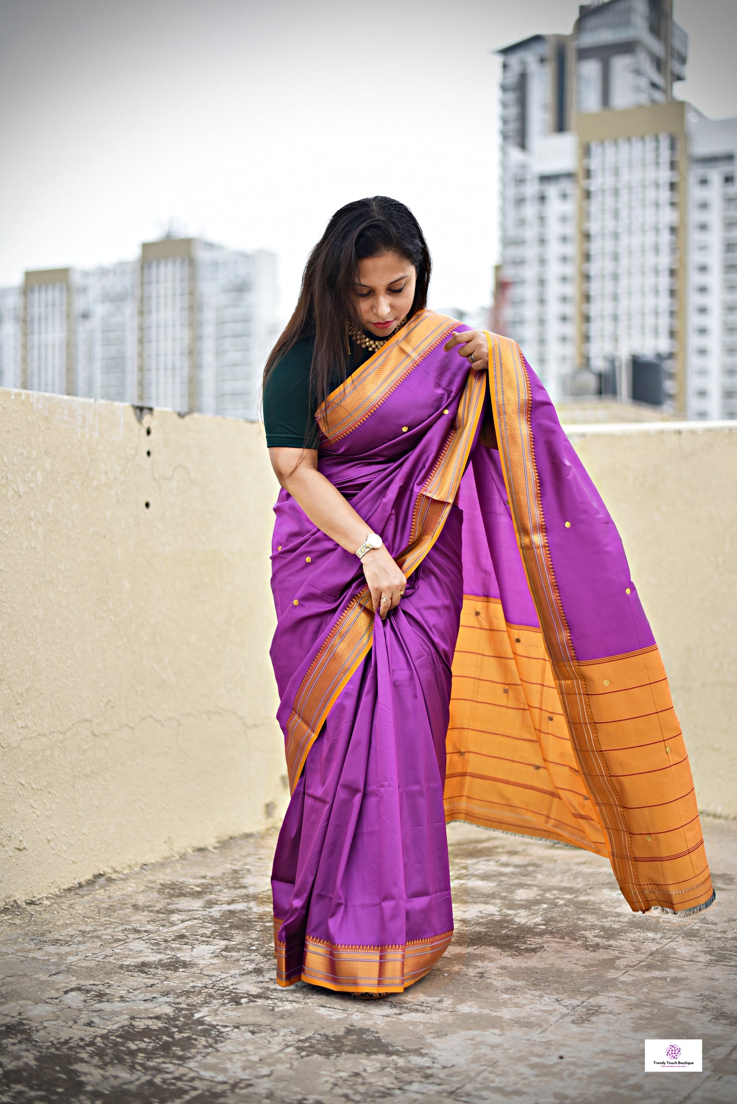 Purple yellow katan silk saree lightweight soft for office and festive wear with blouse piece and best price