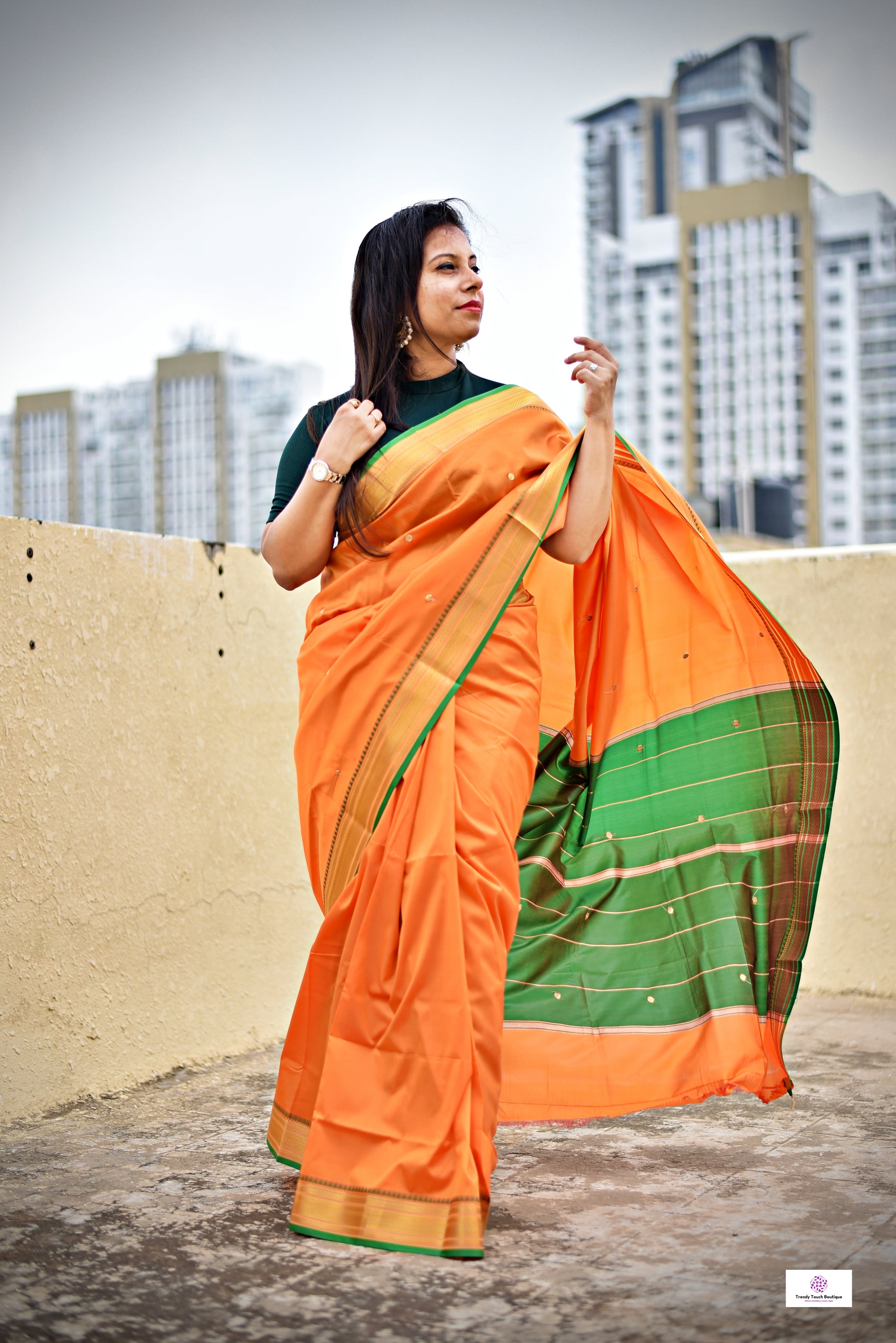 orange green katan silk saree lightweight soft for office and festive wear with blouse piece and best price