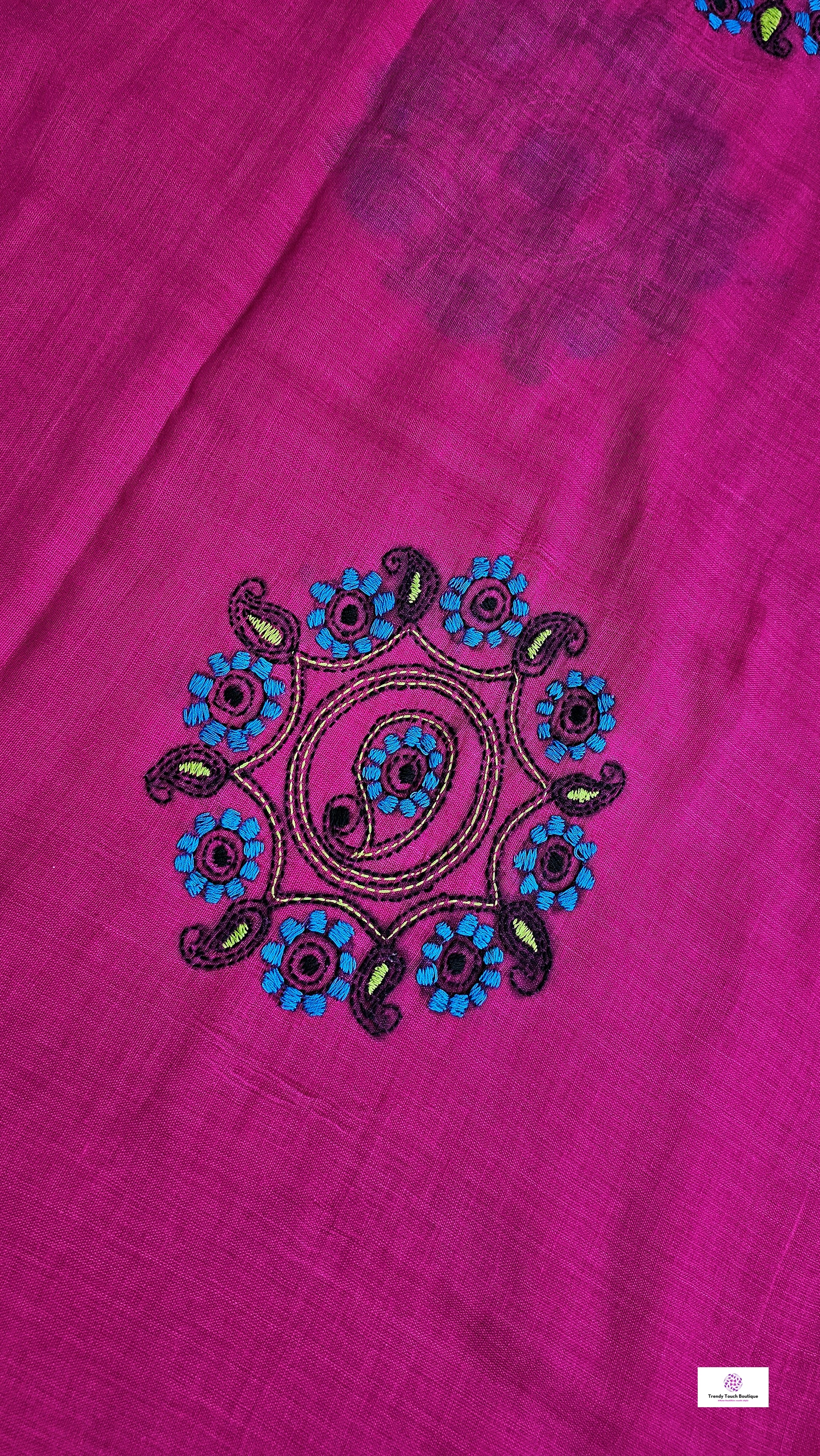 kantha handembroidered pink mulcotton saree with yellow tassel for office wear and casual outing wedding and special functions with blouse piece best price