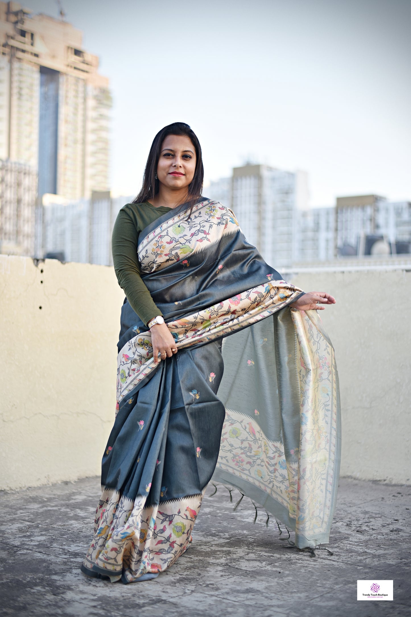 Dark Grey Green semi tussar silk aaree paithani pattern digital print for regular wear and casual function office for women with blouse piece and best price