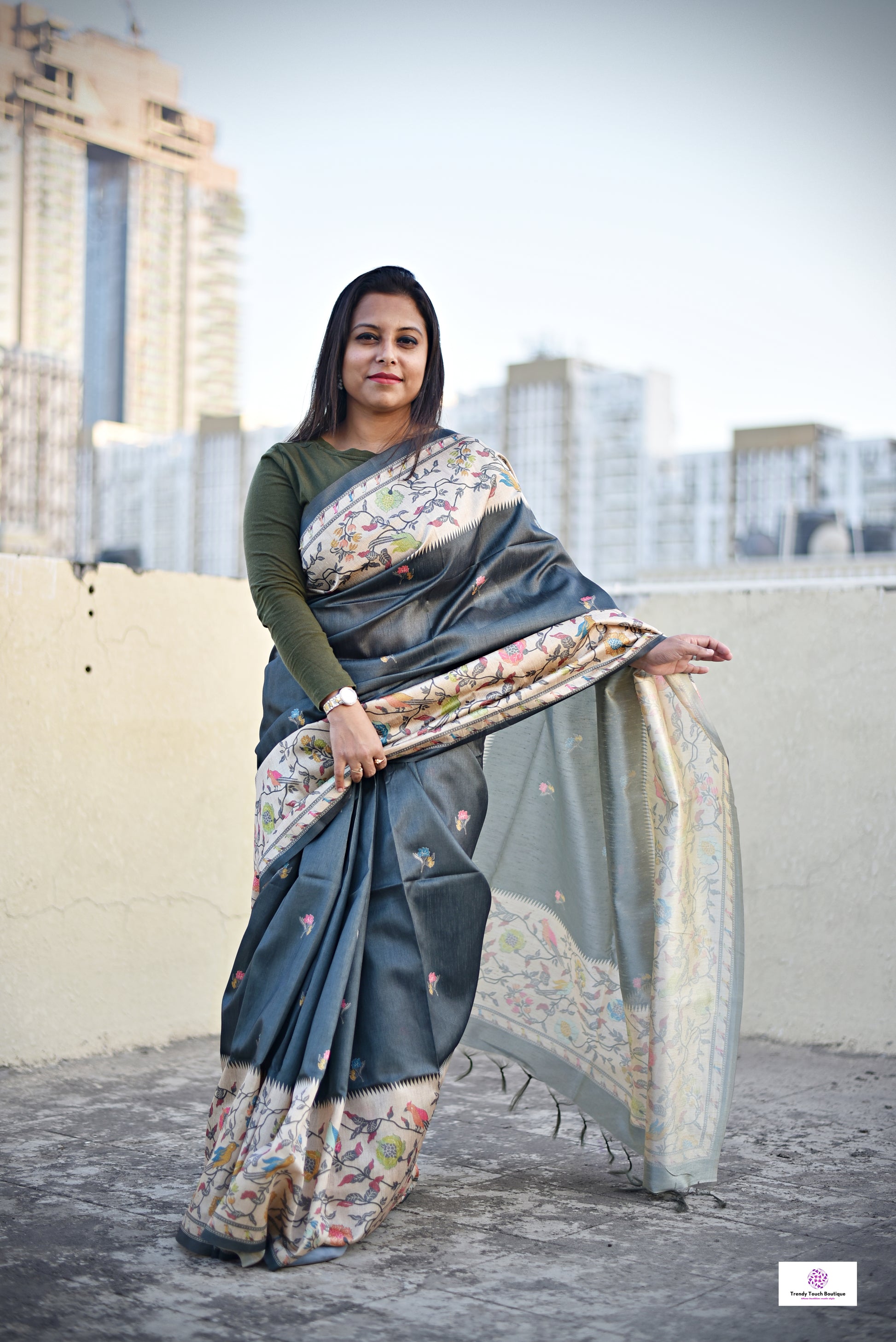 Dark Grey Green semi tussar silk aaree paithani pattern digital print for regular wear and casual function office for women with blouse piece and best price
