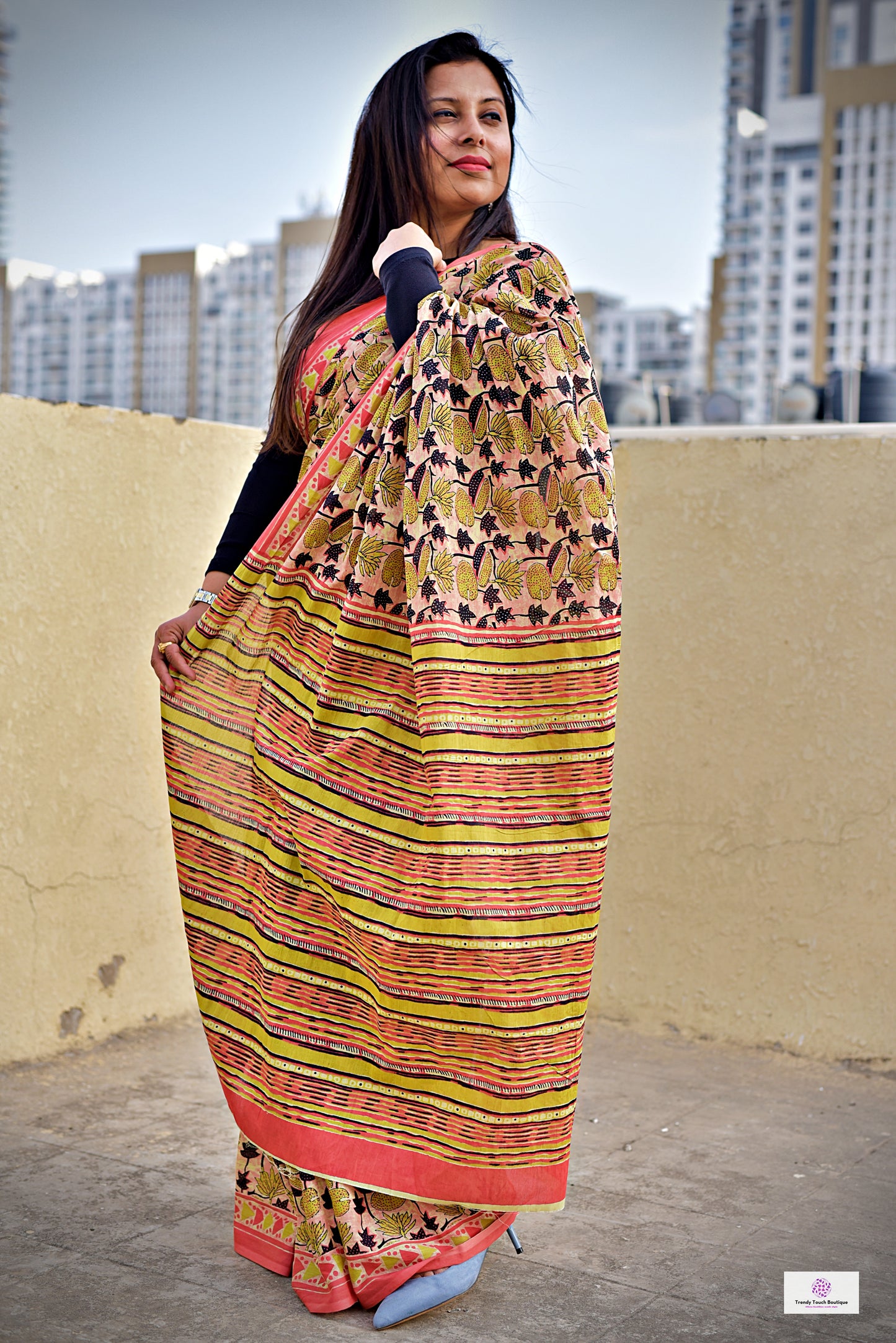 peach orange organic handblock print mul cotton saree ajrakh vanaspati natural dye floral print best summer fabric office and daily wear saree