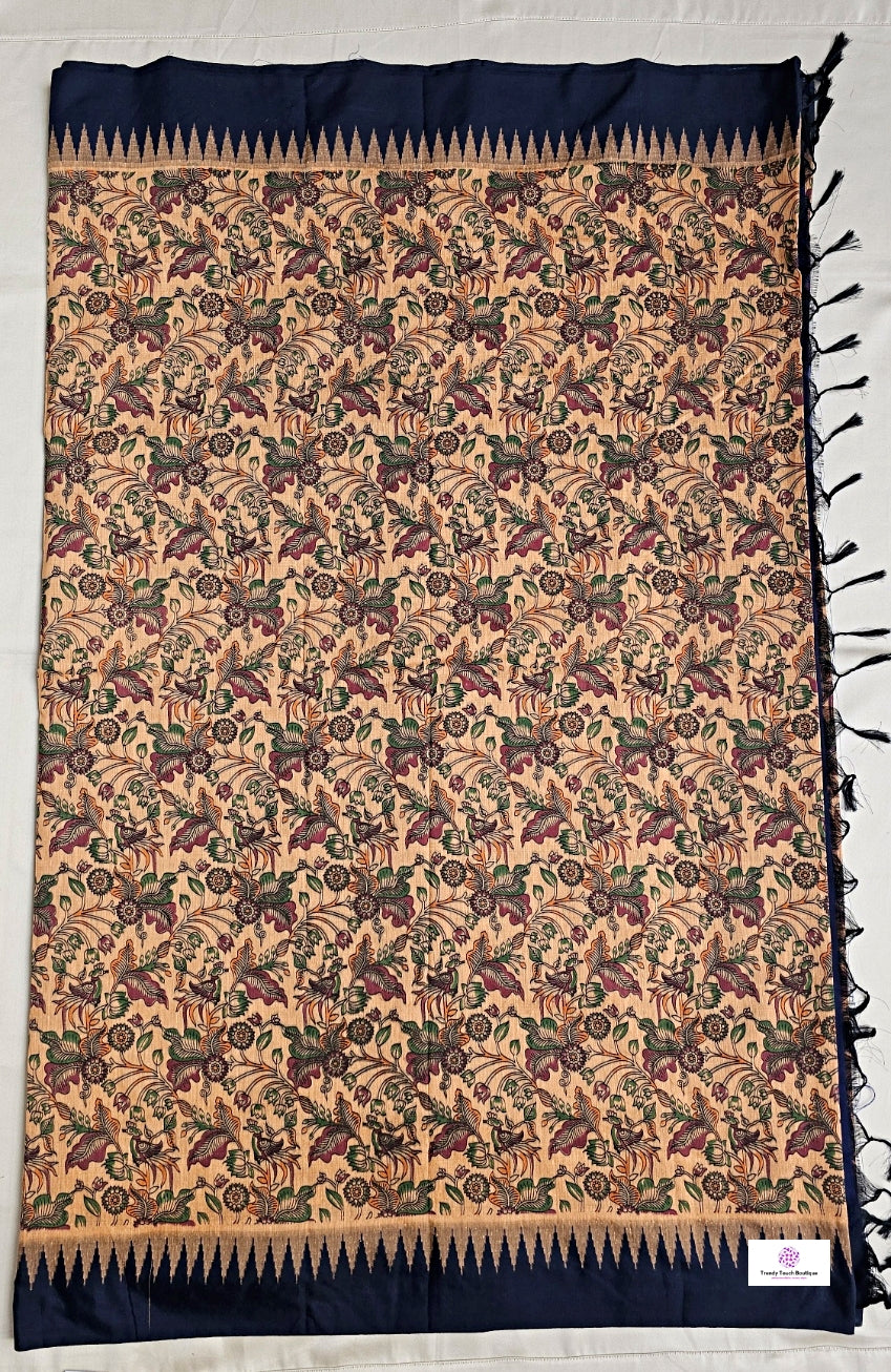 kalyani cotton gadwal kalamkari print peach blue saree with temple border is lightweight for office and special function with blouse piece best price