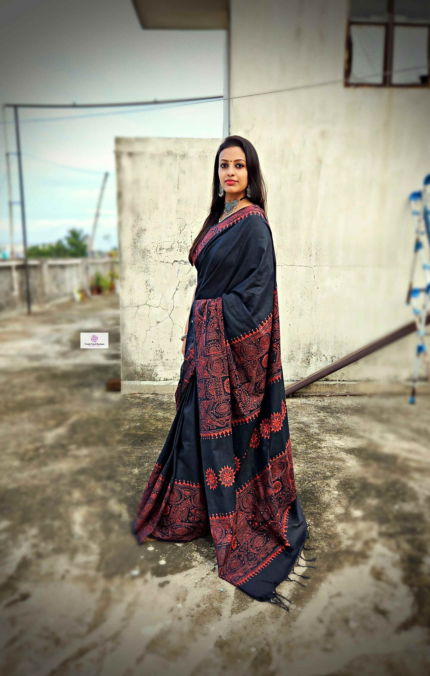 Cotton handloom black saree with orange thread kantha hand embroidered best summer fabric for formal and casual styling marriage functions and family events with blouse piece best price