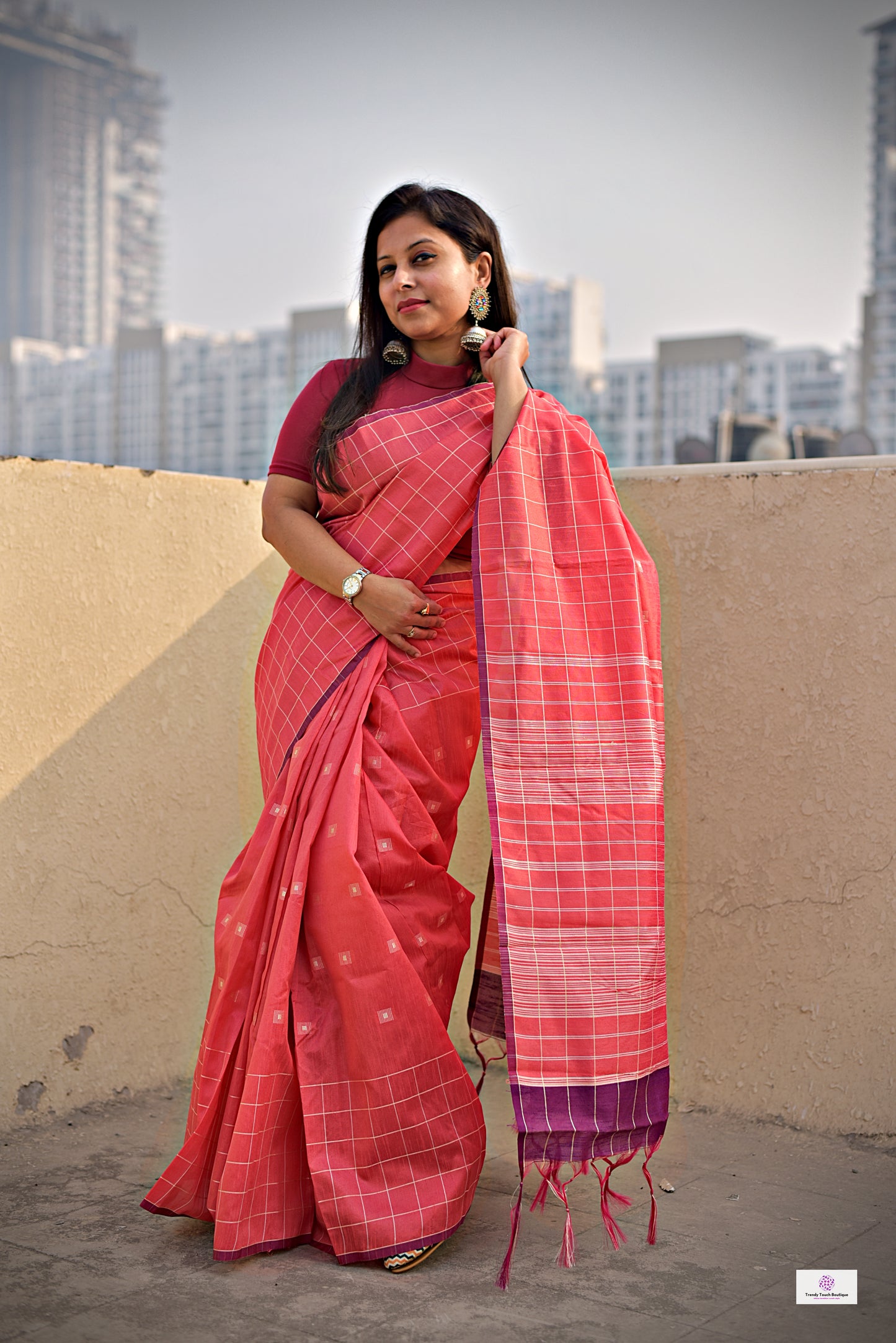 peach magenta silk cotton office wear formal wear sarees check pattern with blouse piece contrast best price online handloom