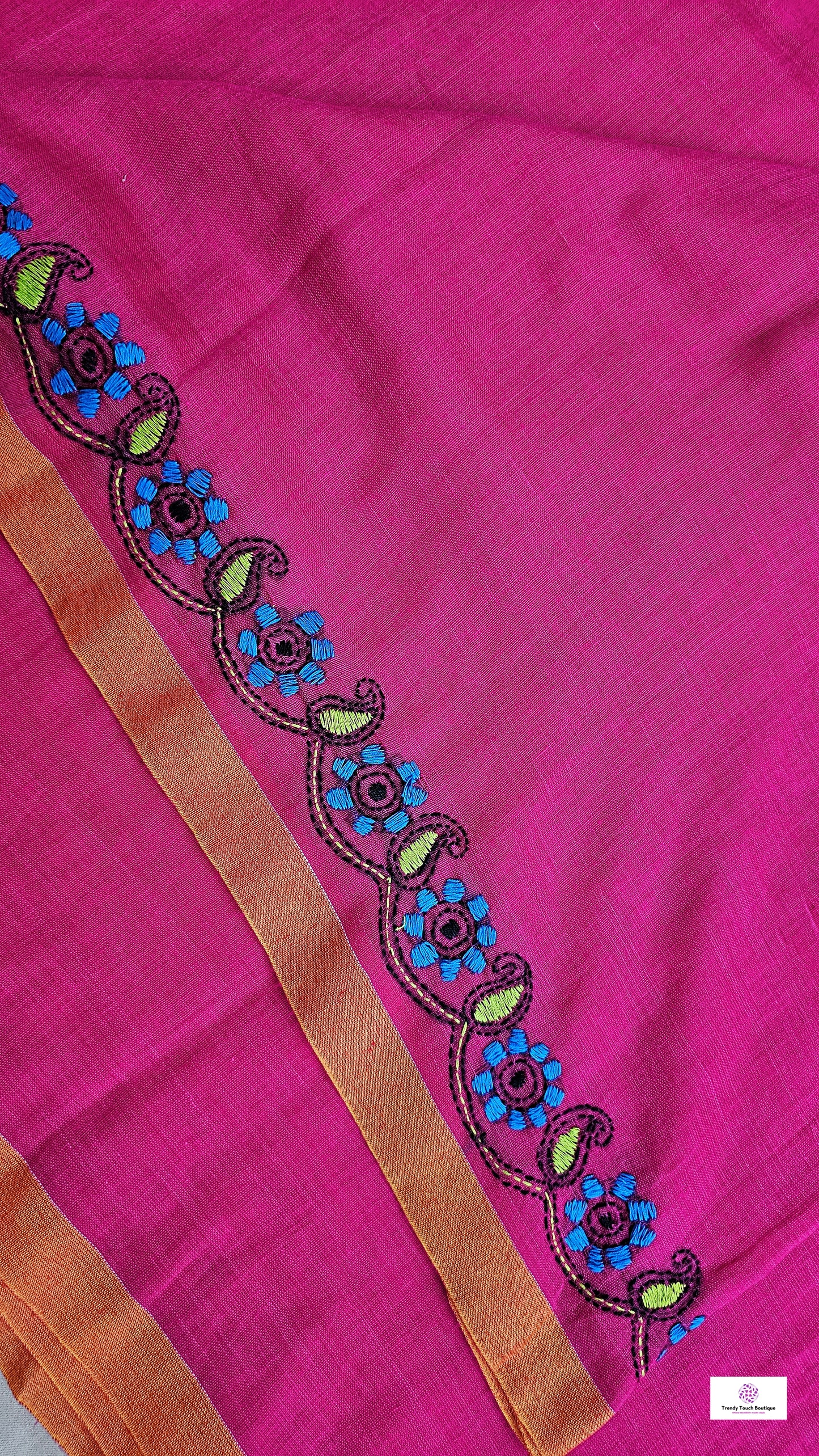 kantha handembroidered pink mulcotton saree with yellow tassel for office wear and casual outing wedding and special functions with blouse piece best price