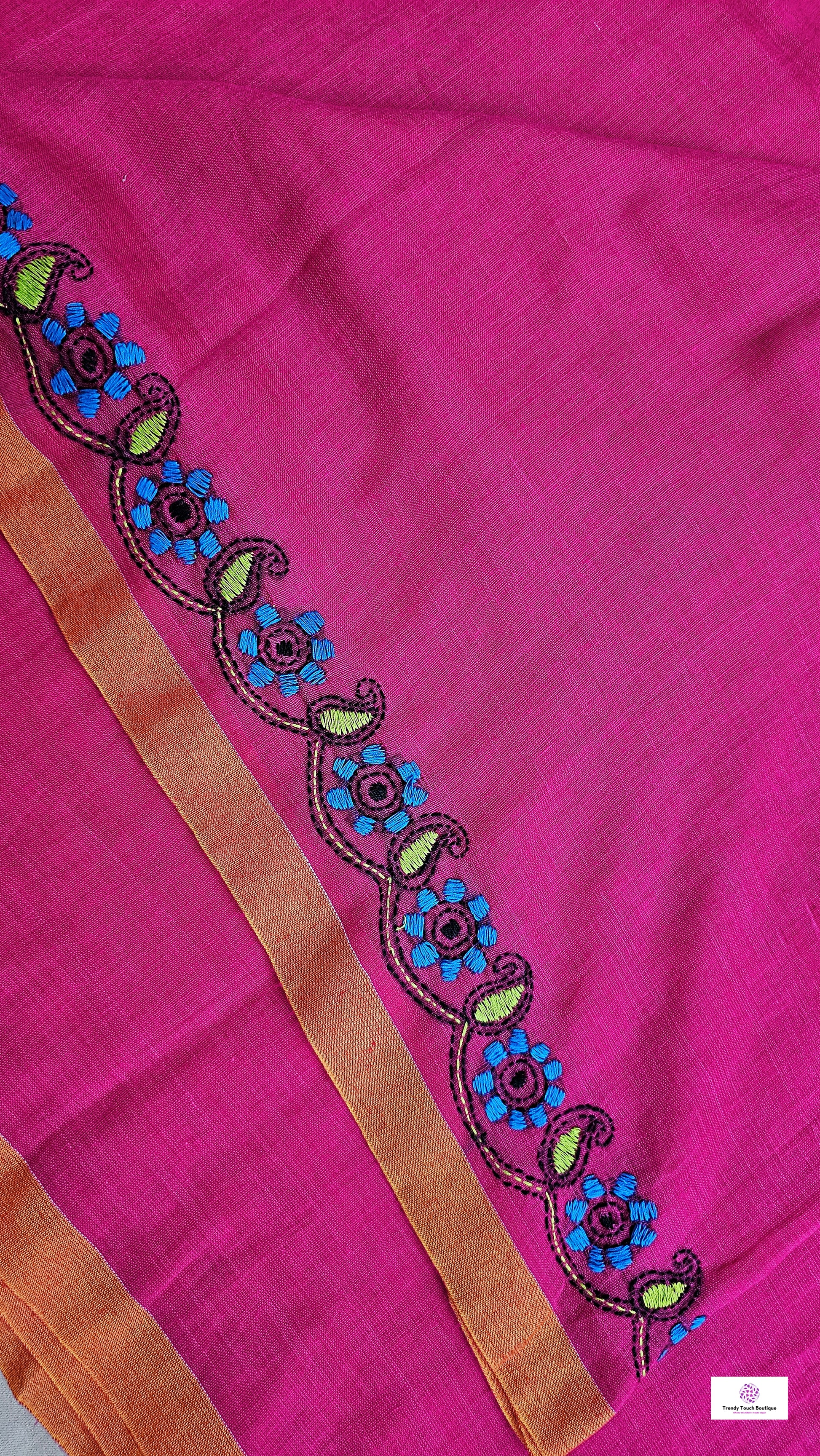 kantha handembroidered pink mulcotton saree with yellow tassel for office wear and casual outing wedding and special functions with blouse piece best price
