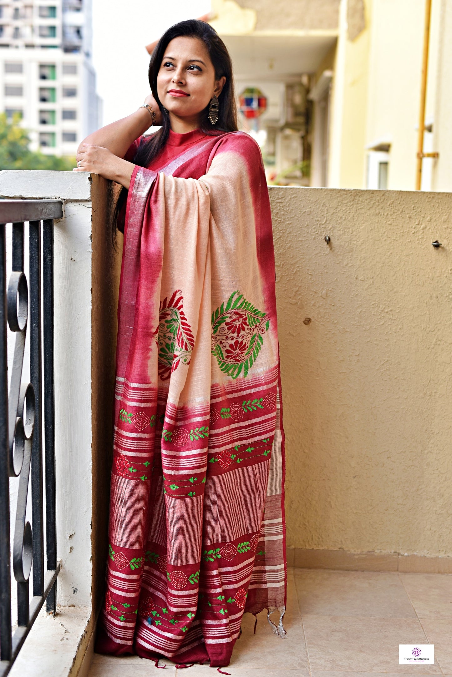 kantha handembroidered linen saree with maroon and beige tye and dye office wear or casual outing special events with blouse piece best price