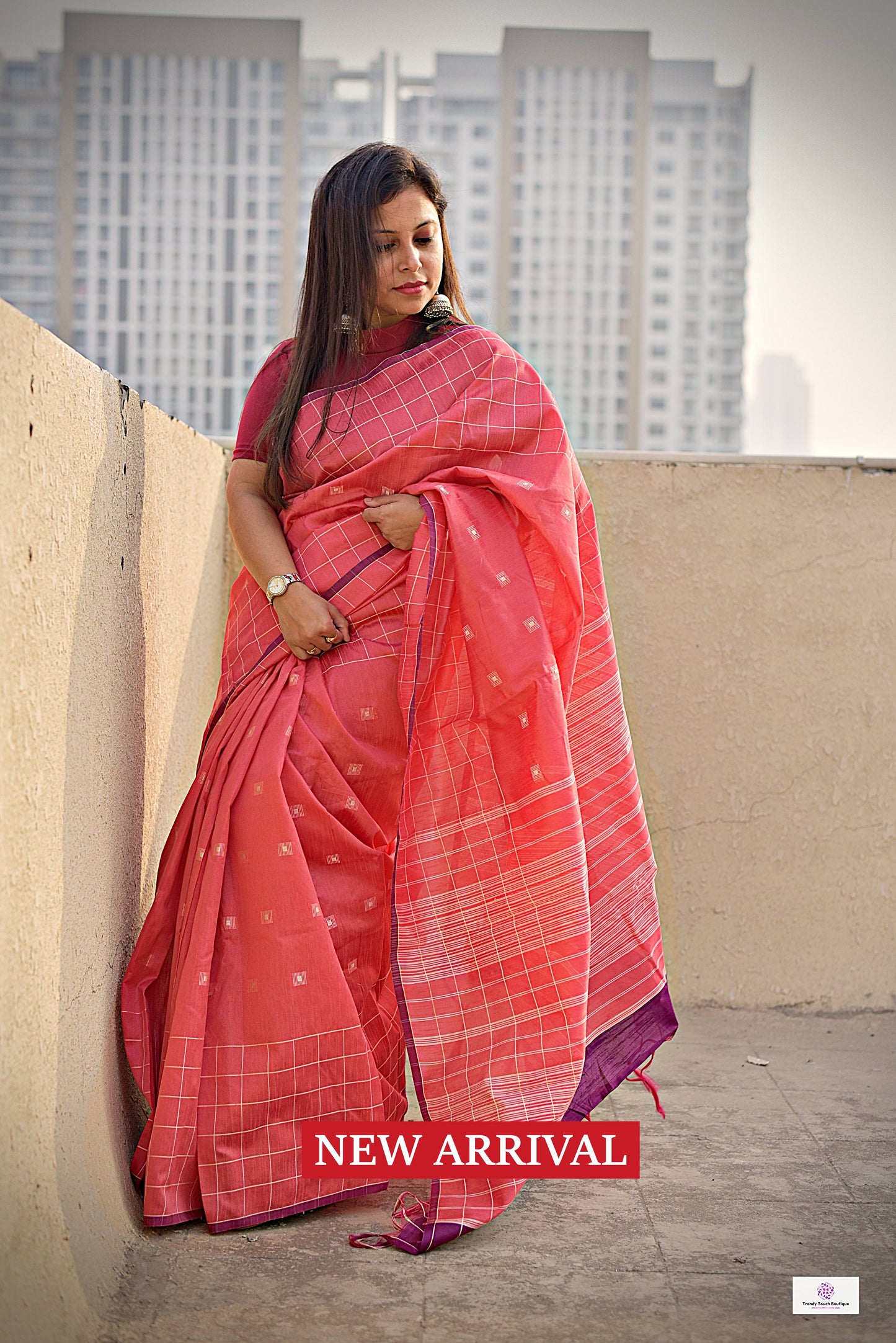 peach magenta silk cotton office wear formal wear sarees check pattern with blouse piece contrast best price online handloom