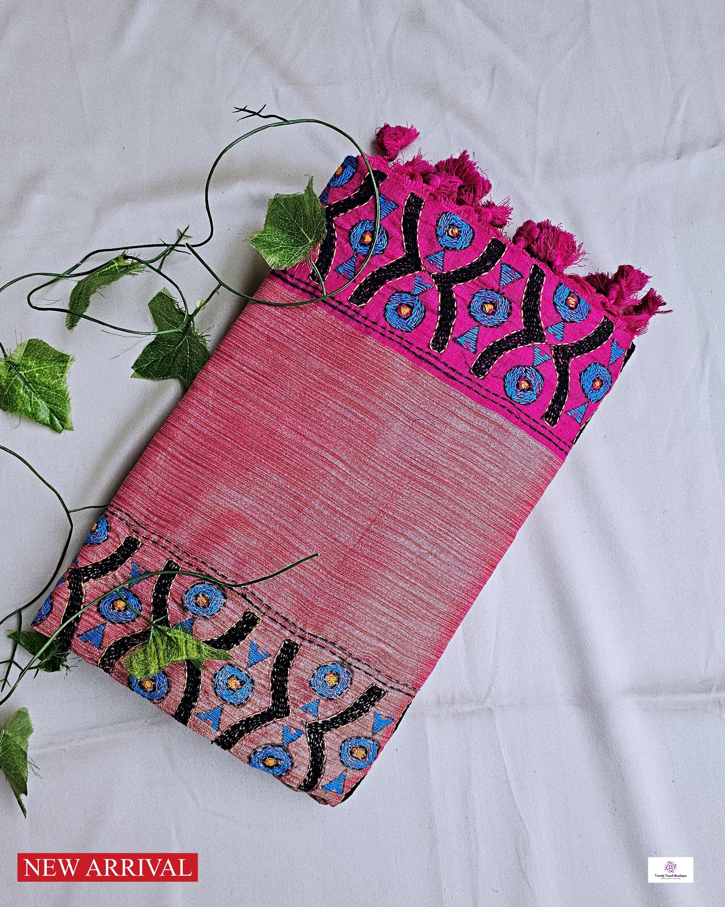 Kantha handembroidered designer cotton handloom saree pink with blue black thread office wear and casual outing special events with blouse piece best price