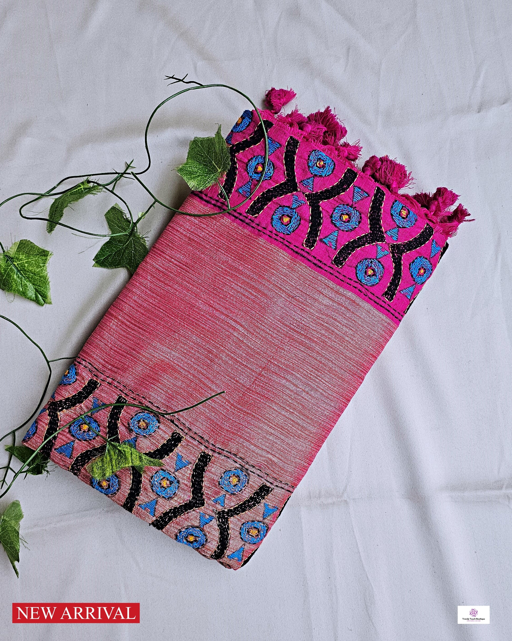 Kantha handembroidered designer cotton handloom saree pink with blue black thread office wear and casual outing special events with blouse piece best price