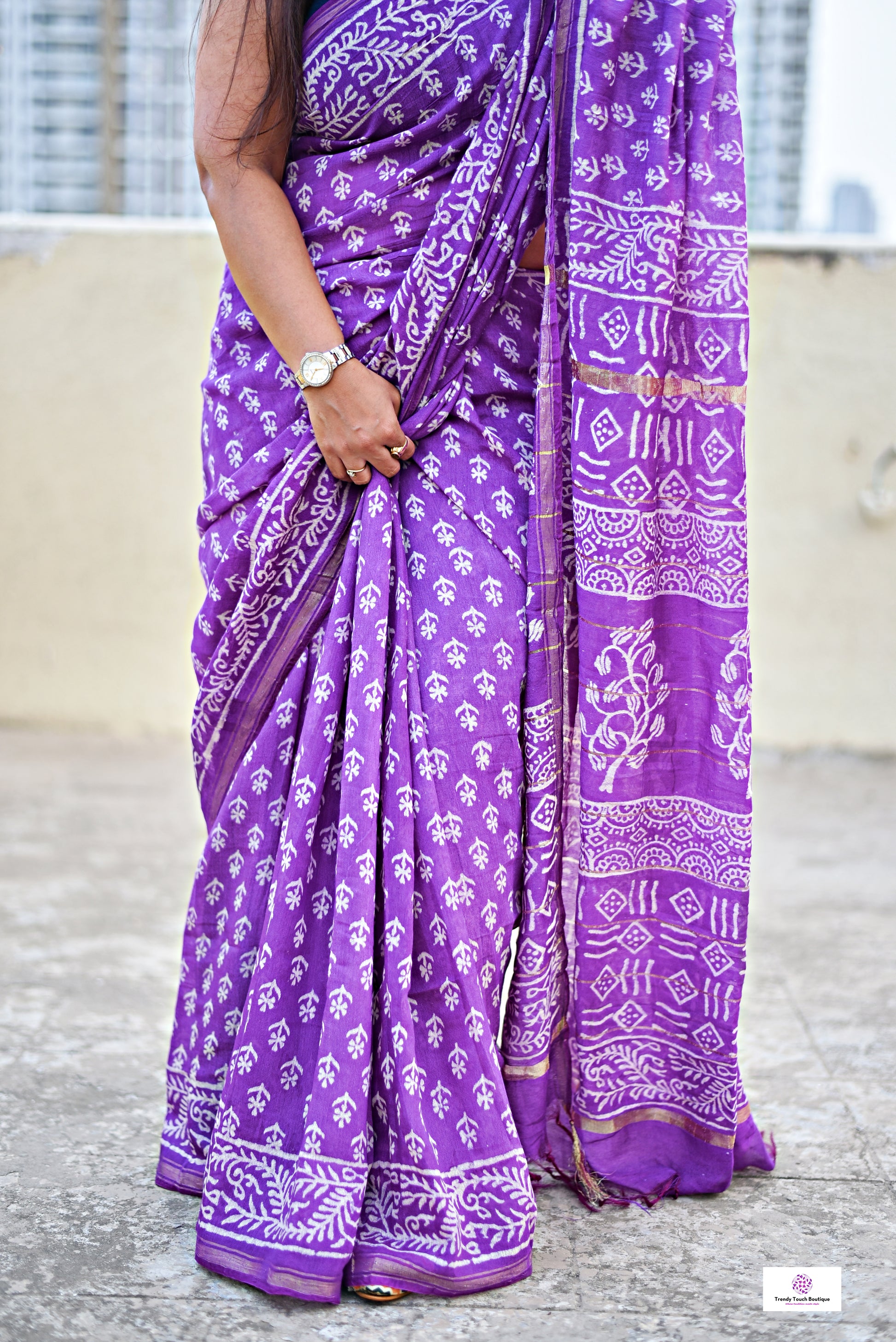 violet chanderi silk saree with zari border handblock print summer fabric best price with blouse piece office wear and casual styling party wear saree