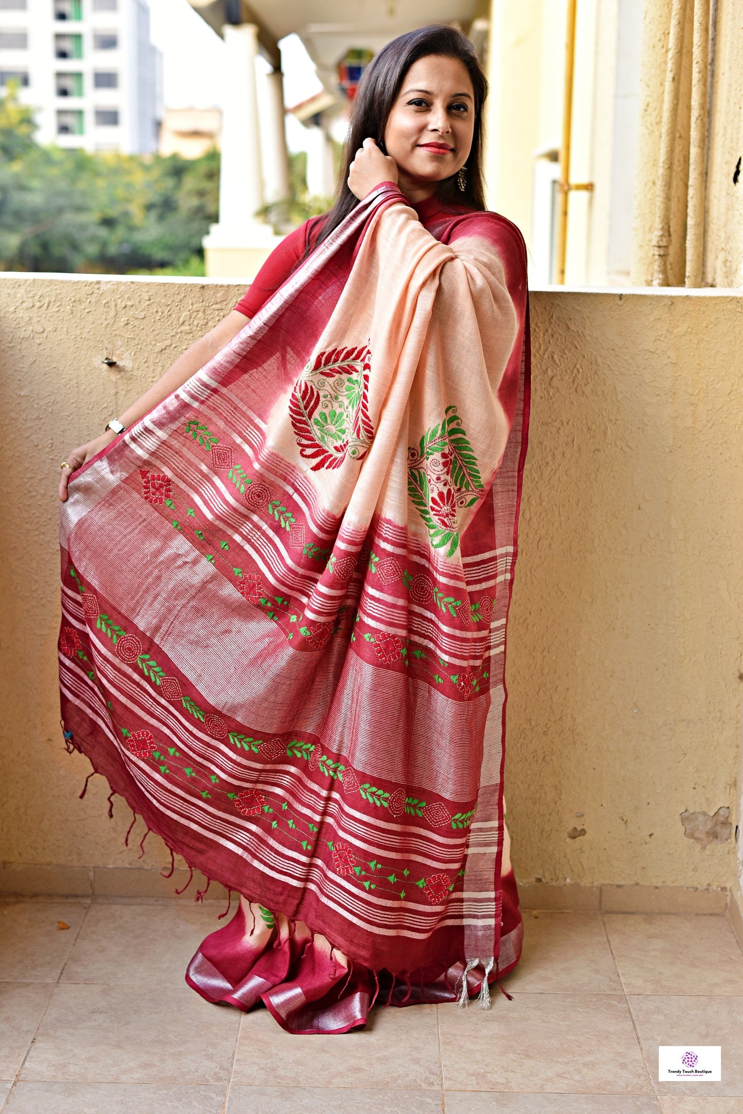 kantha handembroidered linen saree with maroon and beige tye and dye office wear or casual outing special events with blouse piece best price