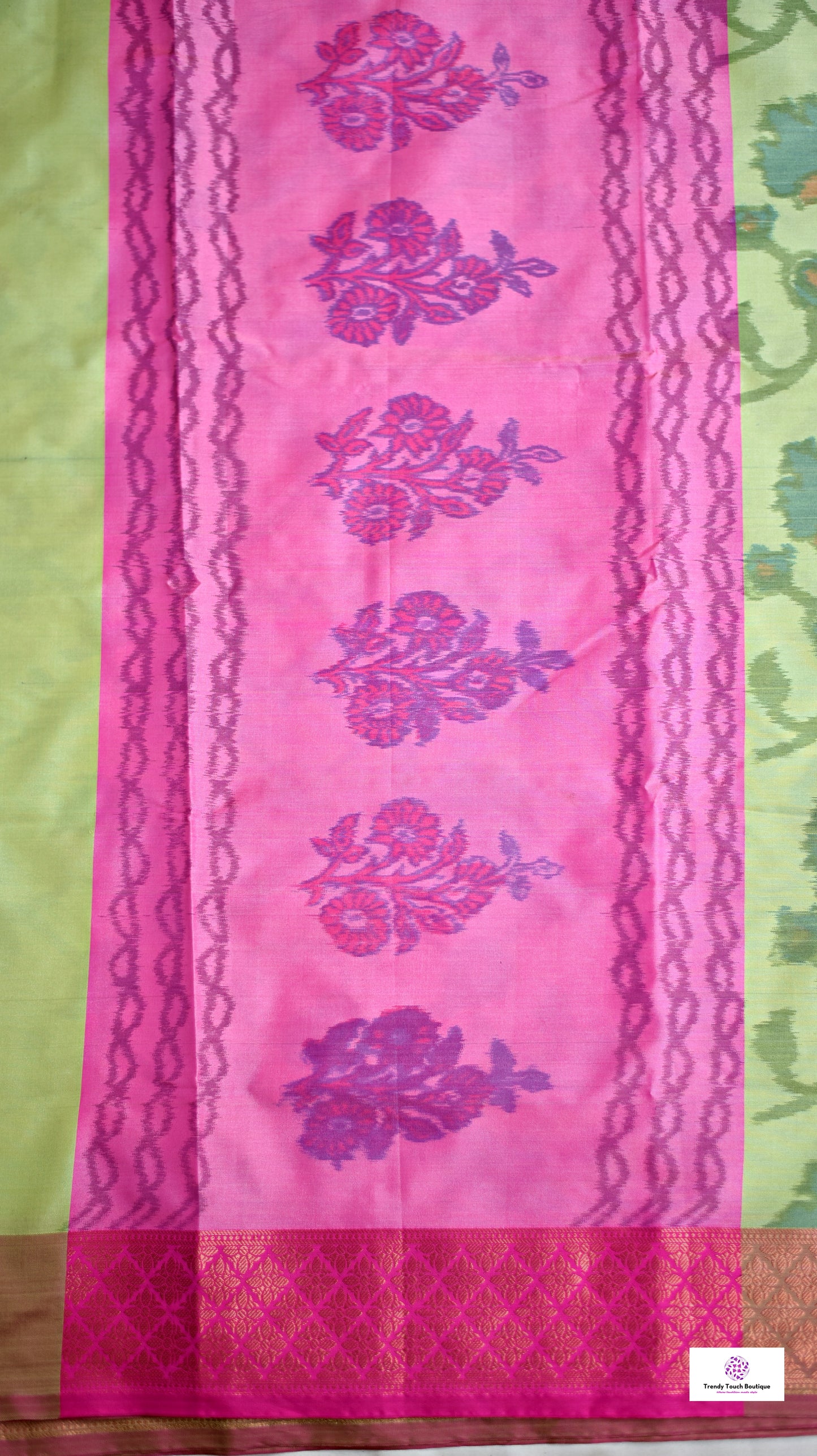 ikkat style digital print soft silk saree green pink for haldi sangeet marriage bridal function puja and special ocassion with blouse piece best price