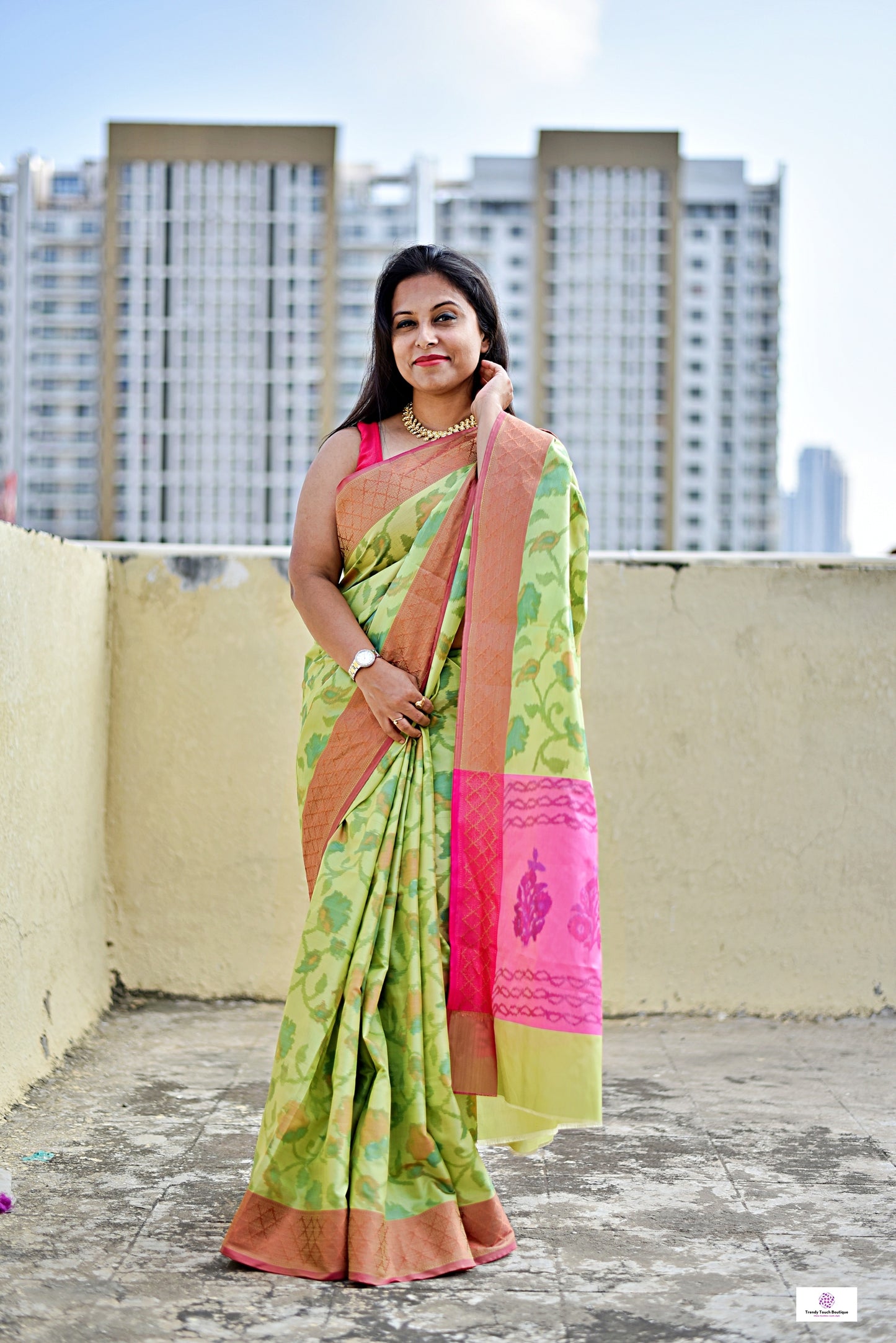 ikkat style digital print soft silk saree green pink for haldi sangeet marriage bridal function puja and special ocassion with blouse piece best price