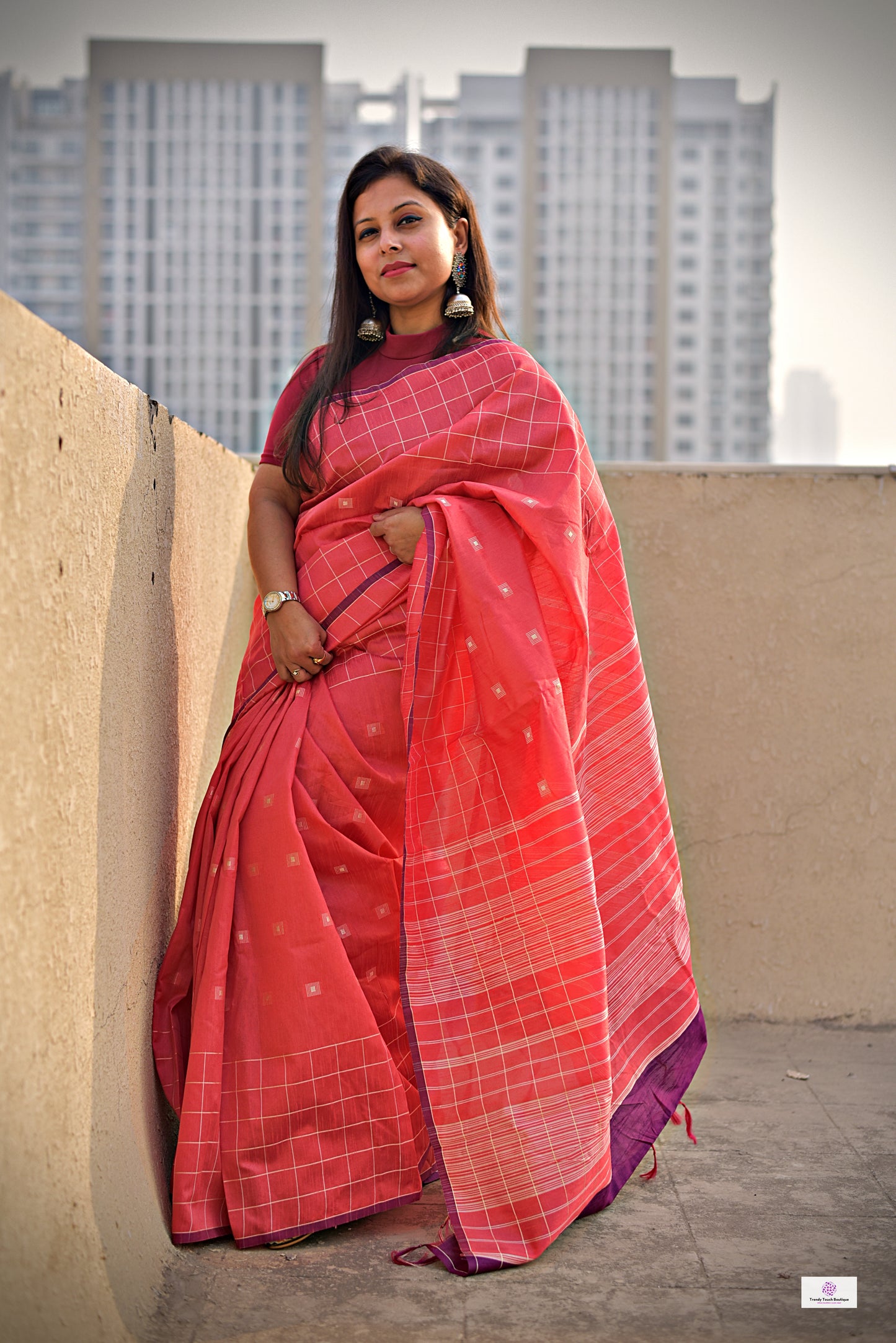 peach magenta silk cotton office wear formal wear sarees check pattern with blouse piece contrast best price online handloom
