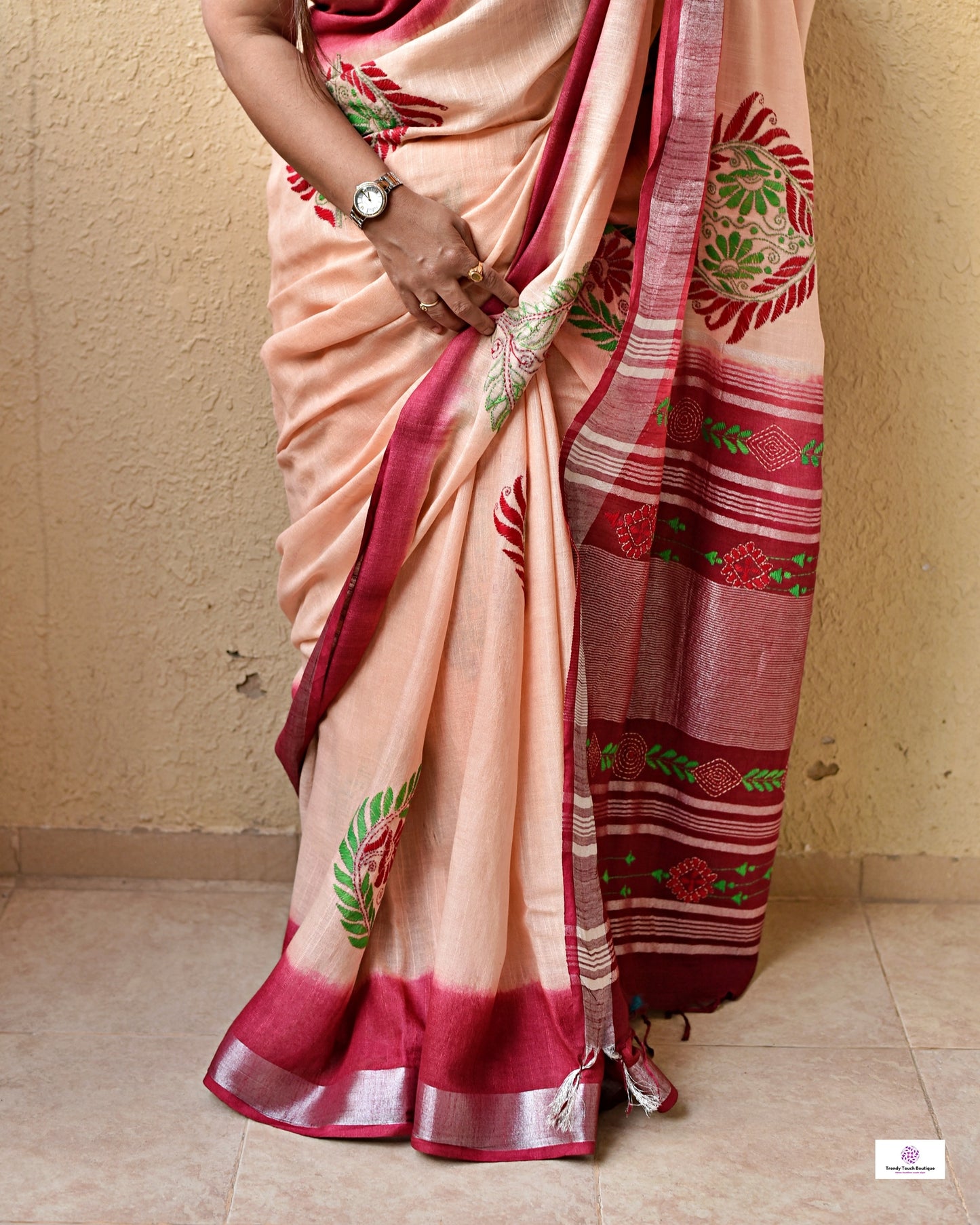 kantha handembroidered linen saree with maroon and beige tye and dye office wear or casual outing special events with blouse piece best price