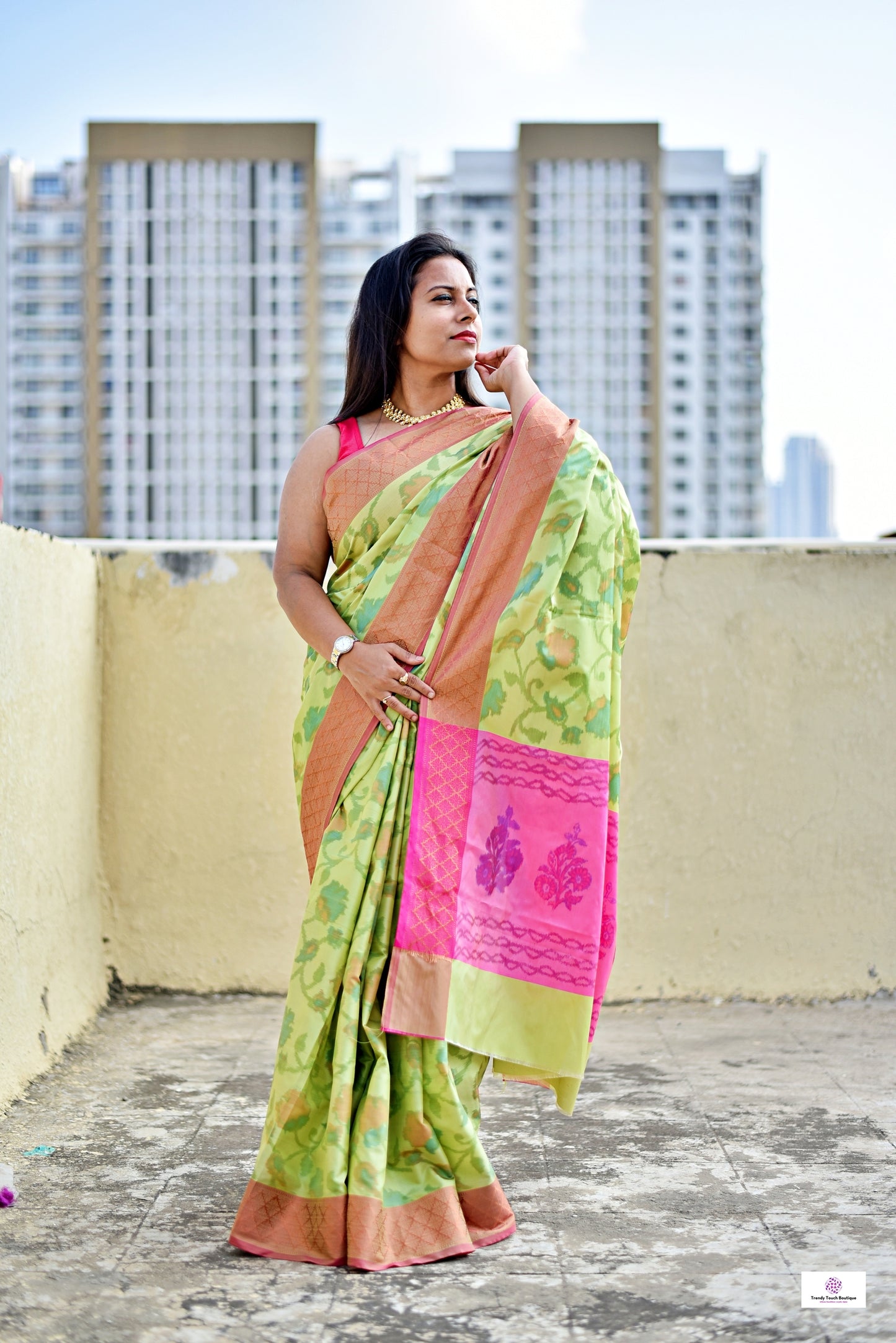 ikkat style digital print soft silk saree green pink for haldi sangeet marriage bridal function puja and special ocassion with blouse piece best price