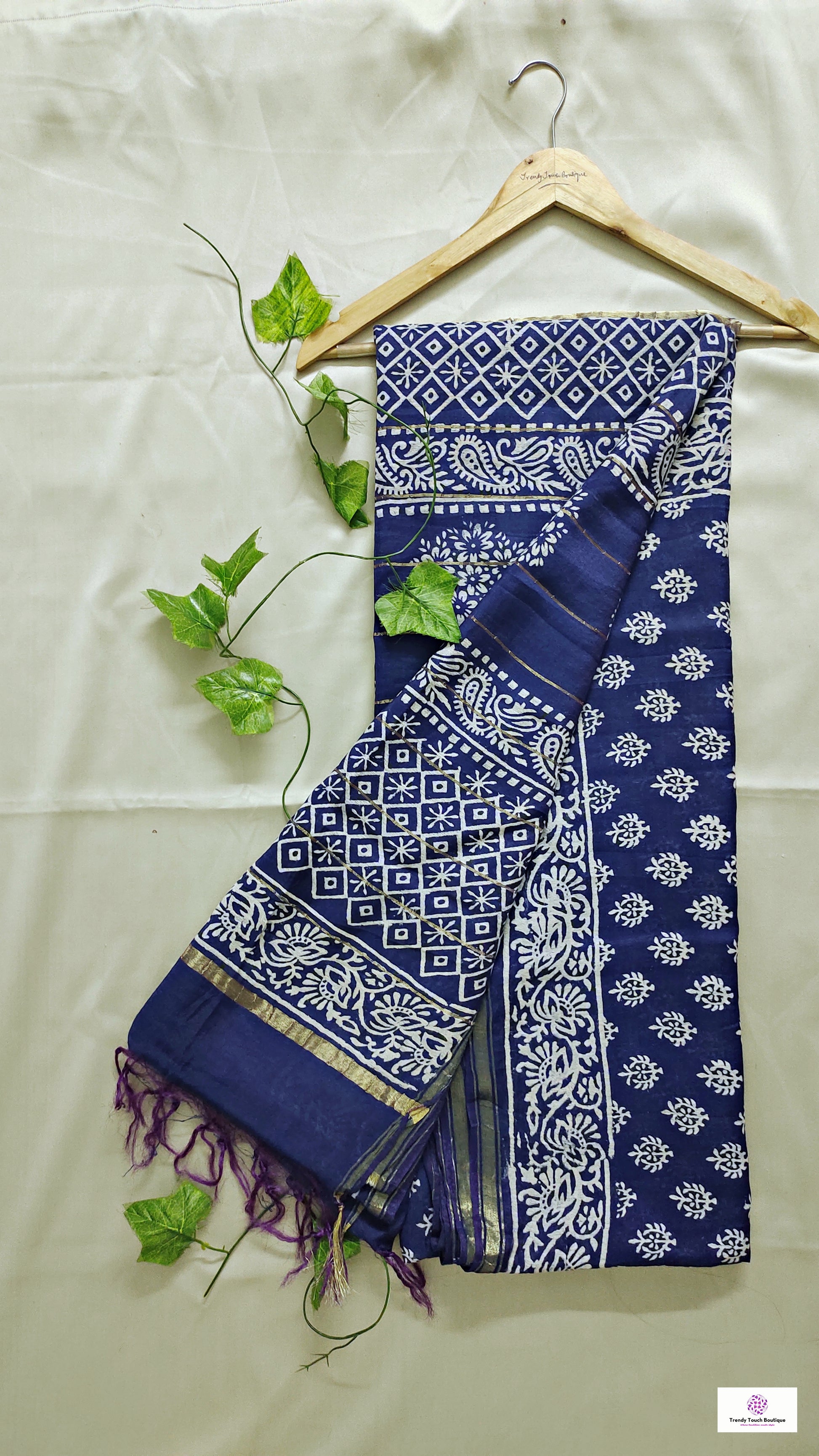 chanderi silk blue saree office wear casual workwear summer saree handblock print mini buta