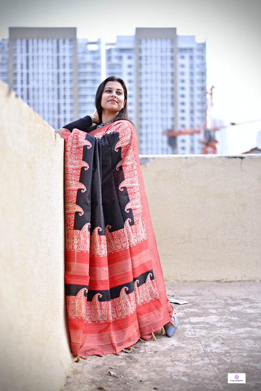 semi ghicha silk paisley digital print black and red saree for regular wear and casual function office for women with blouse piece and best price