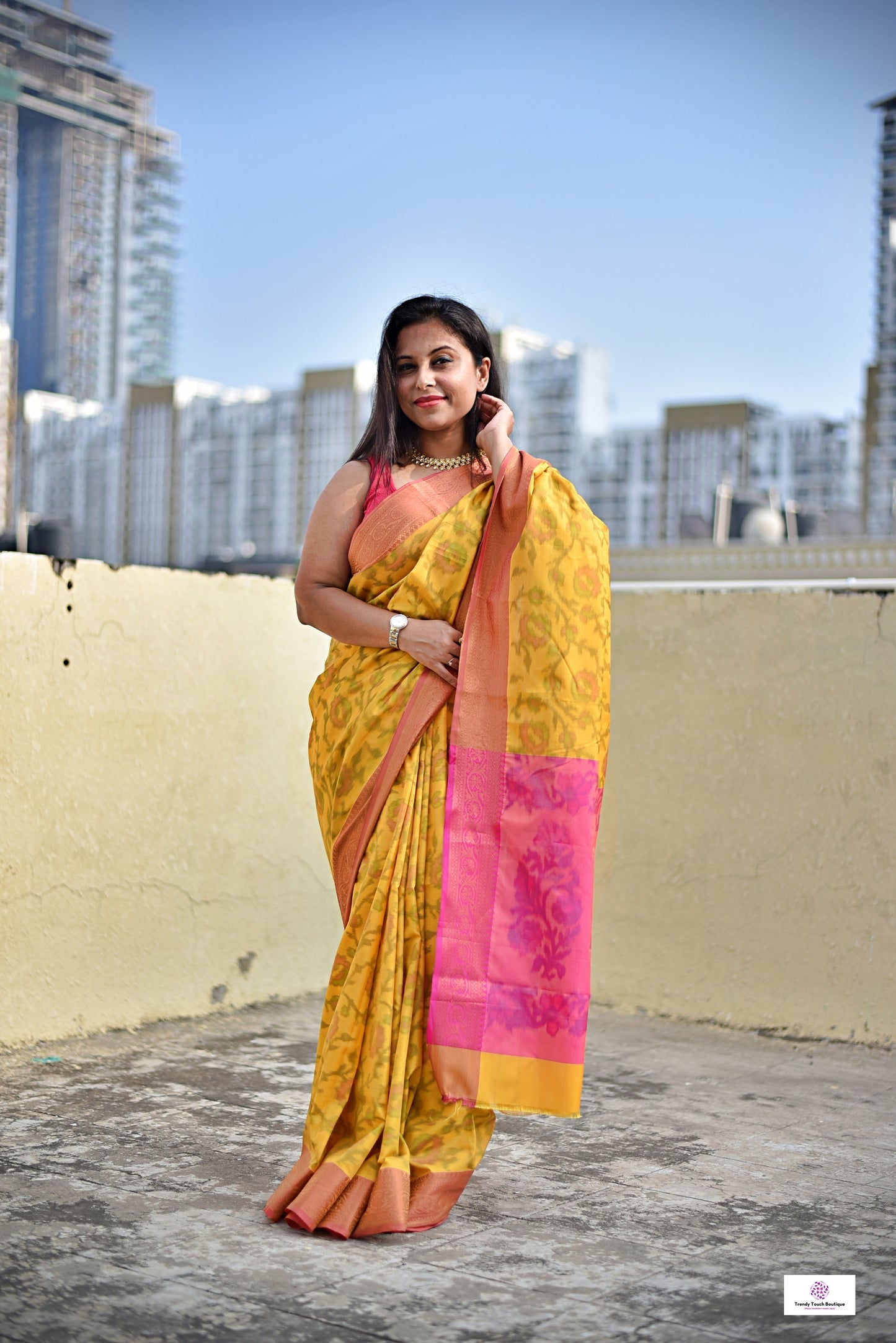 digital ikkat style soft silk yellow pink saree for puja and special functions marriage haldi ceremonies with blouse piece best price