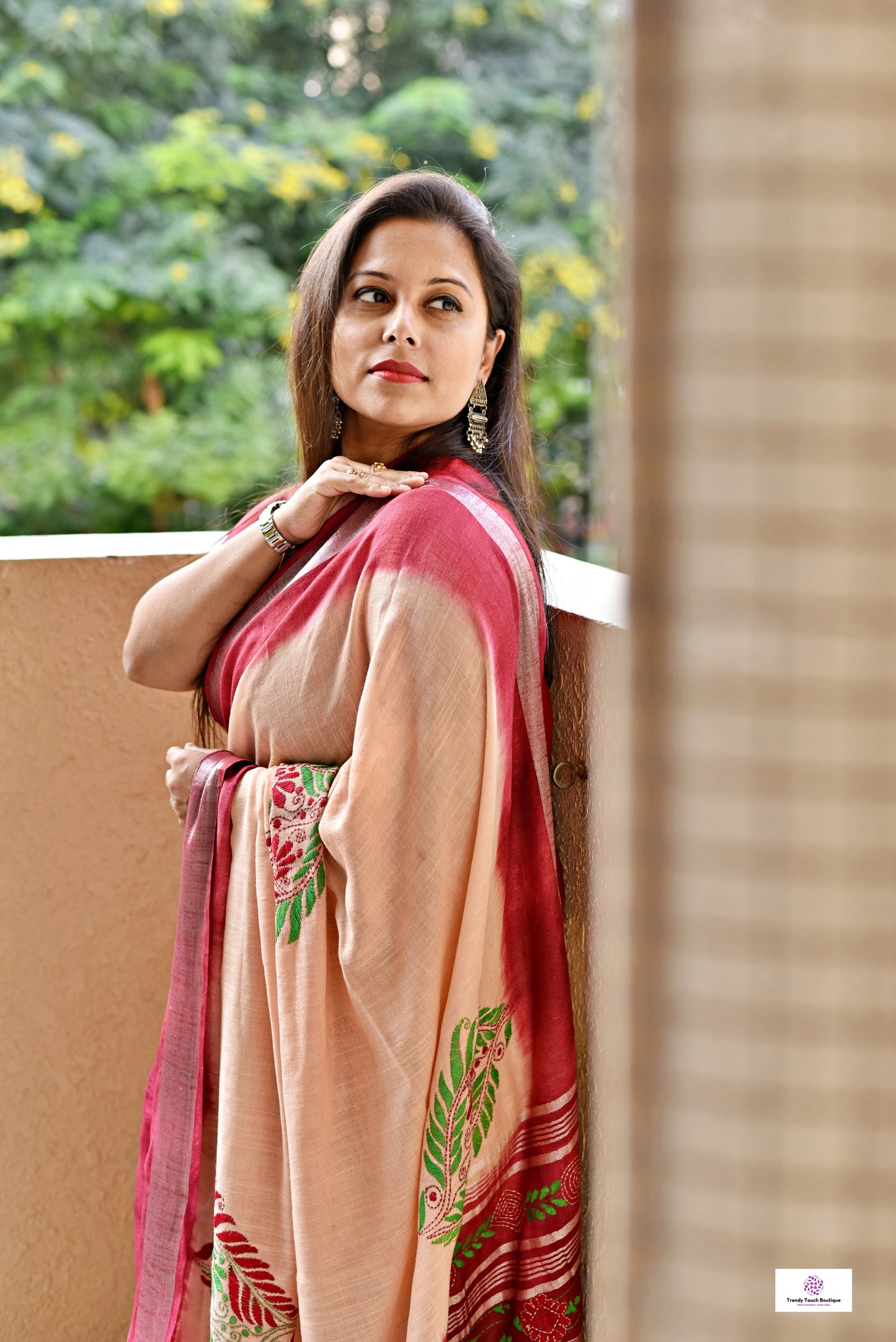 kantha handembroidered linen saree with maroon and beige tye and dye office wear or casual outing special events with blouse piece best price