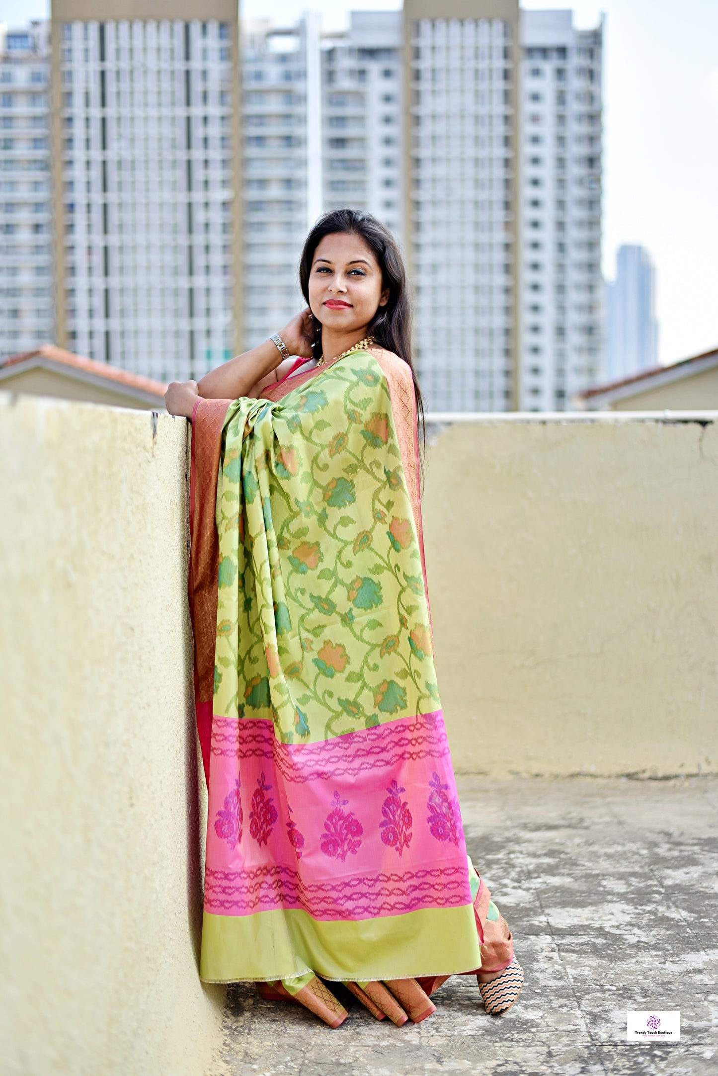 ikkat style digital print soft silk saree green pink for haldi sangeet marriage bridal function puja and special ocassion with blouse piece best price