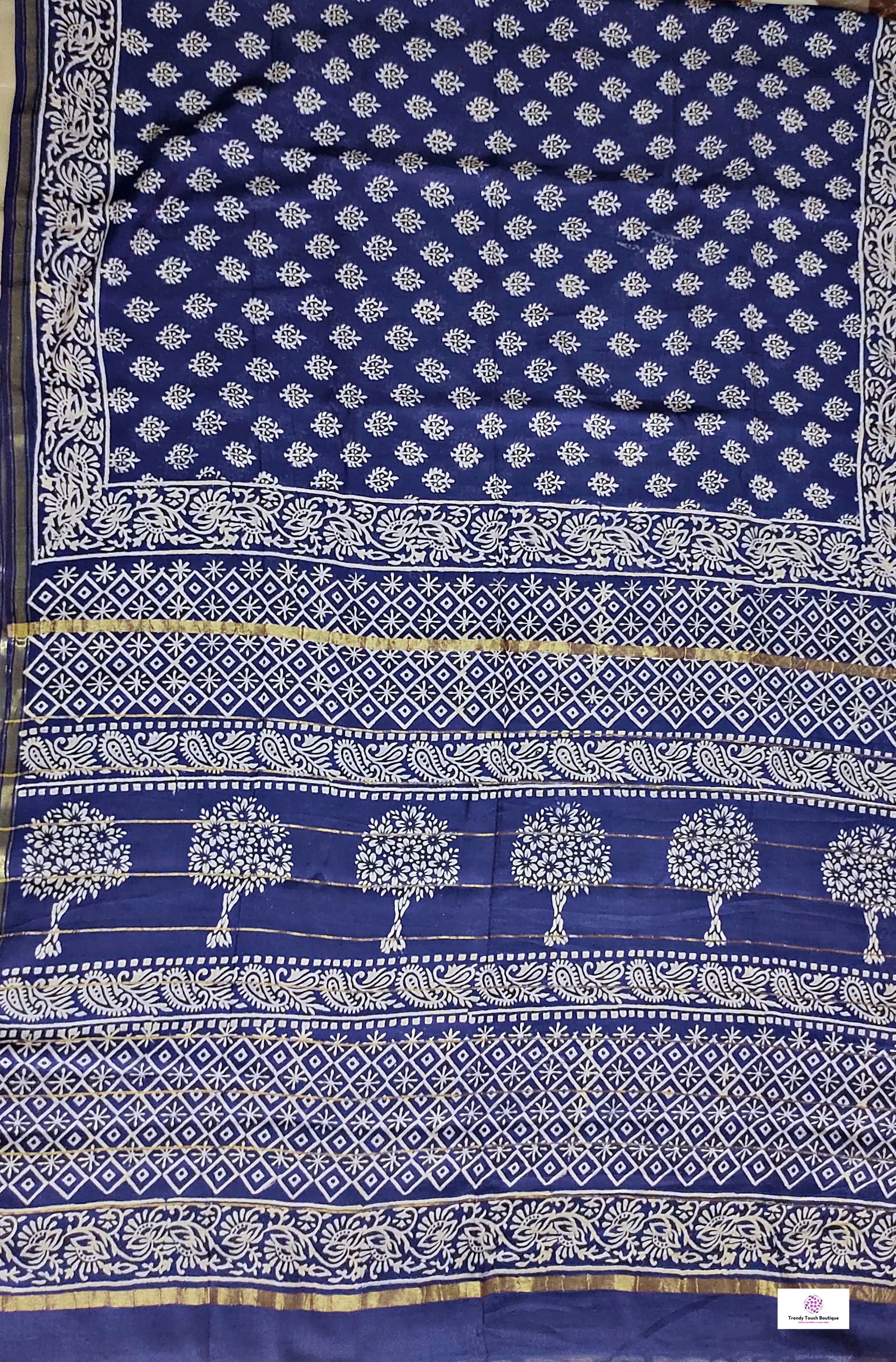 chanderi silk blue saree office wear casual workwear summer saree handblock print mini buta