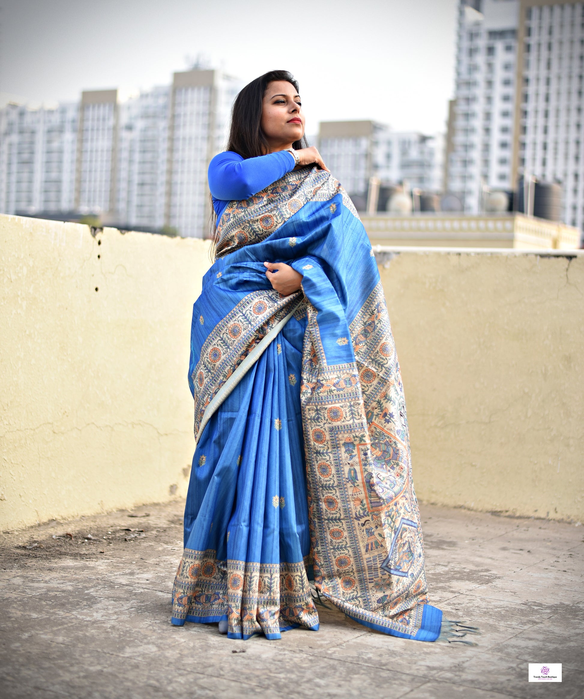 semi ghicha silk blue madhubani digital print saree for regular wear and casual function office for women with blouse piece and best price