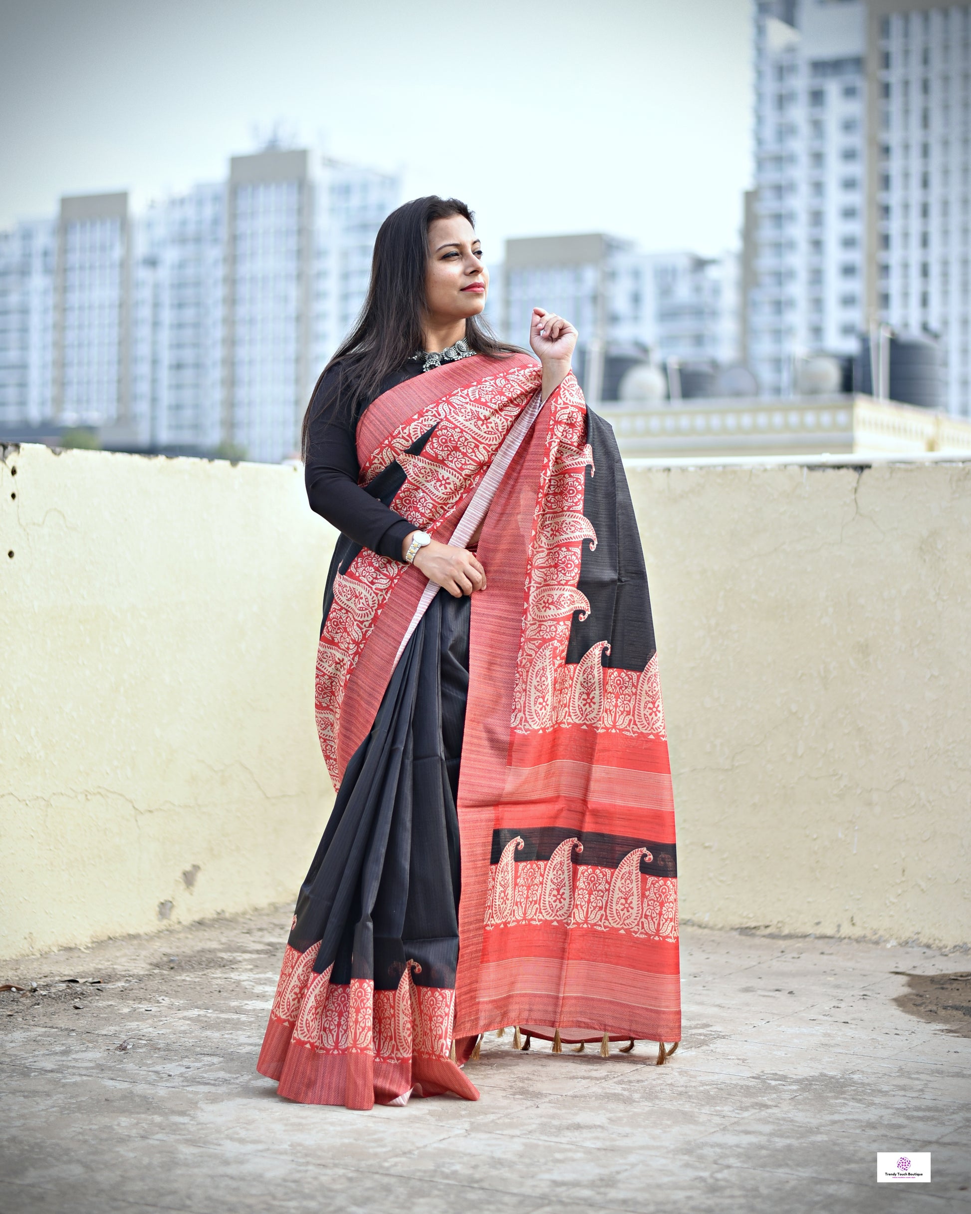 semi ghicha silk paisley digital print black and red saree for regular wear and casual function office for women with blouse piece and best price