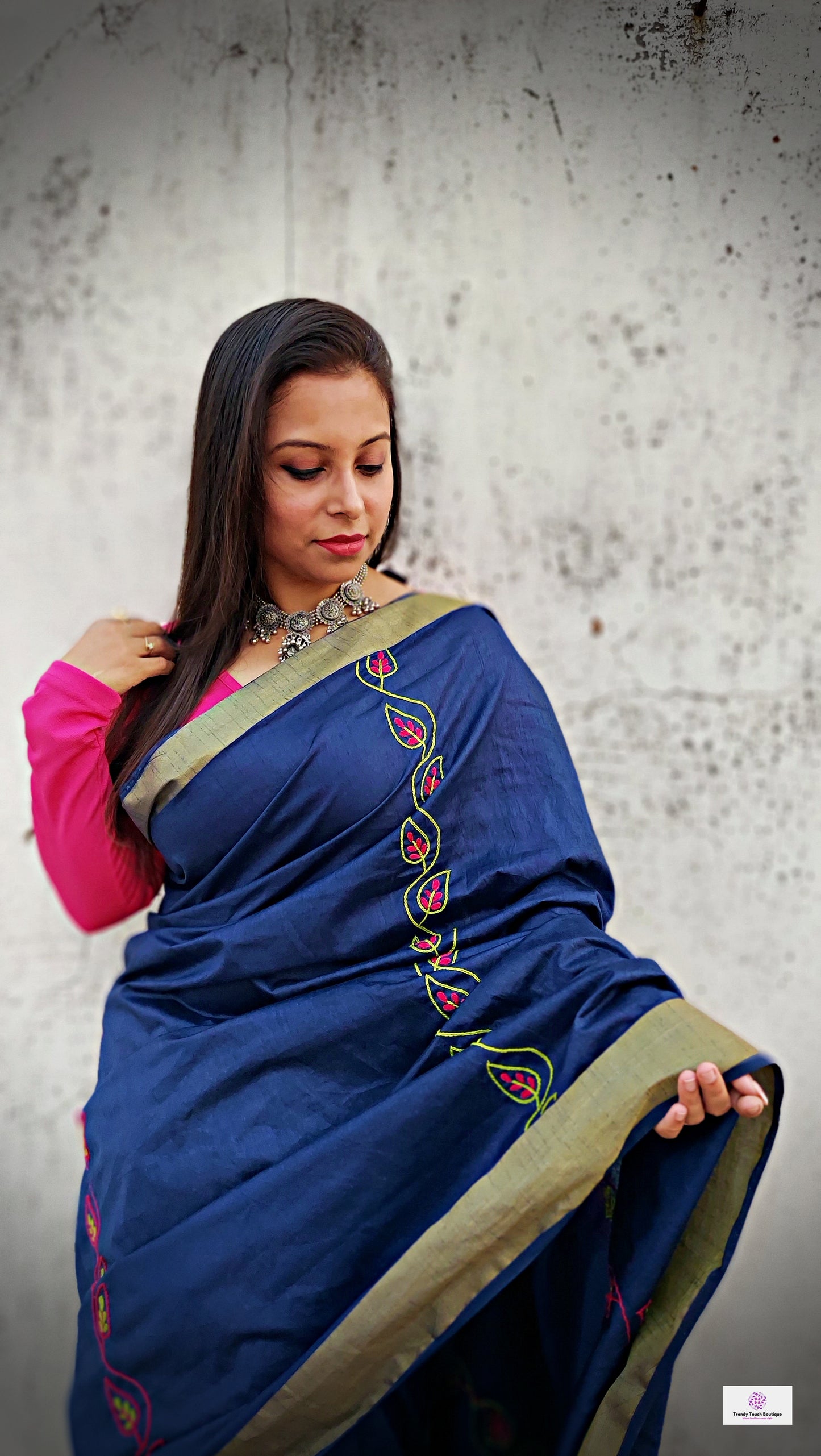 handembroidered designer cotton silk saree in blue for cocktail party, dinner, summer fashion sarees golden border