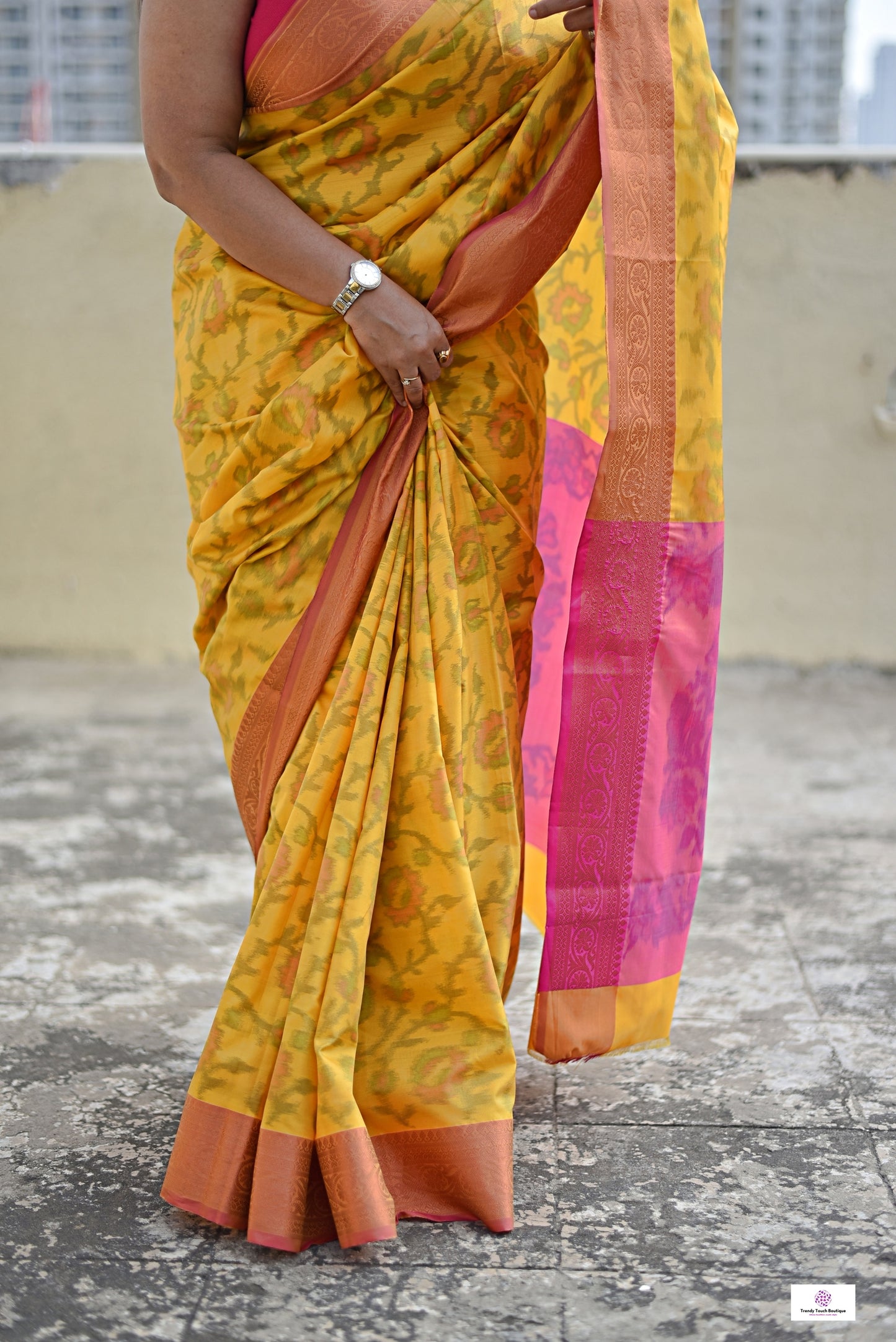 digital ikkat style soft silk yellow pink saree for puja and special functions marriage haldi ceremonies with blouse piece best price