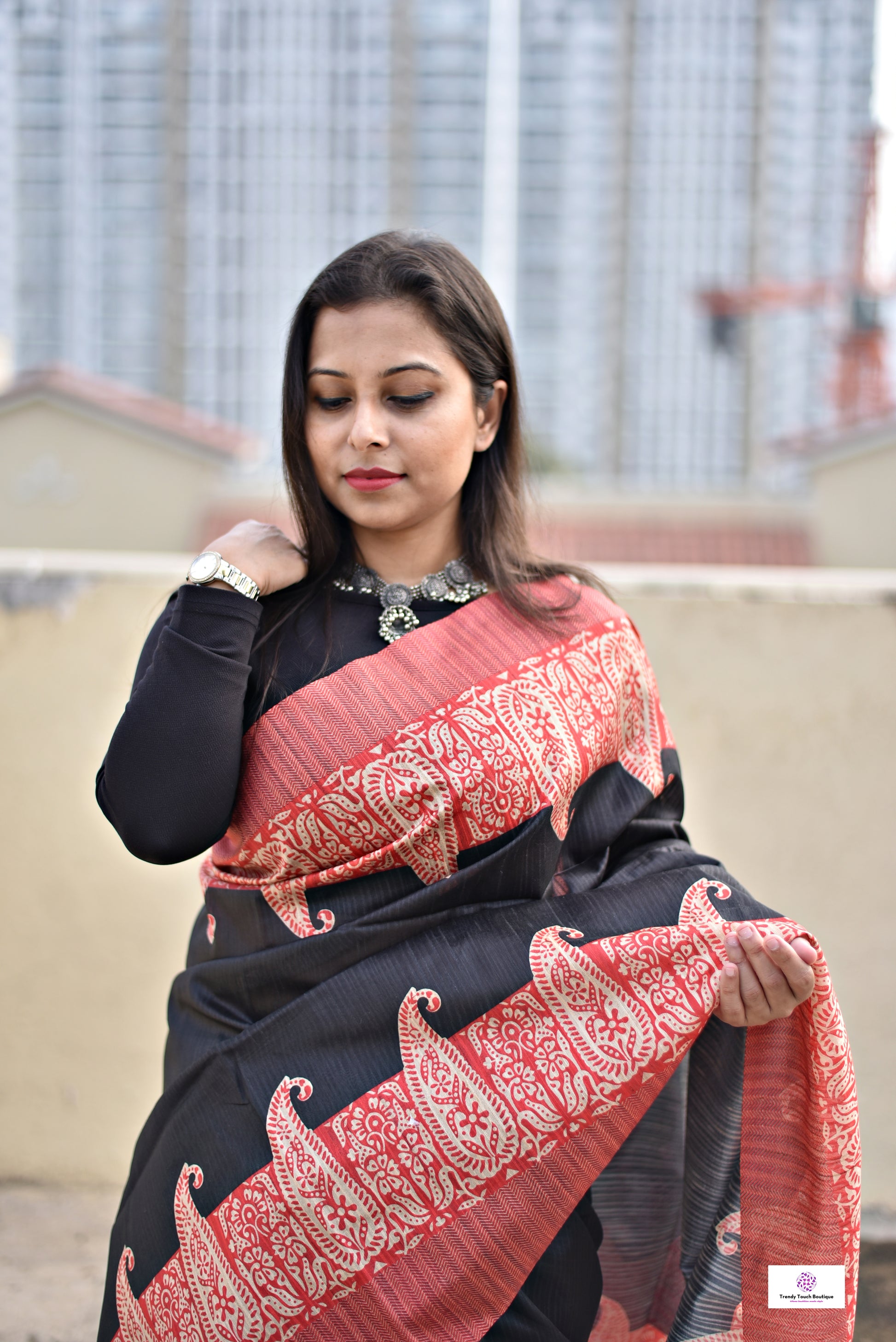 semi ghicha silk paisley digital print black and red saree for regular wear and casual function office for women with blouse piece and best price
